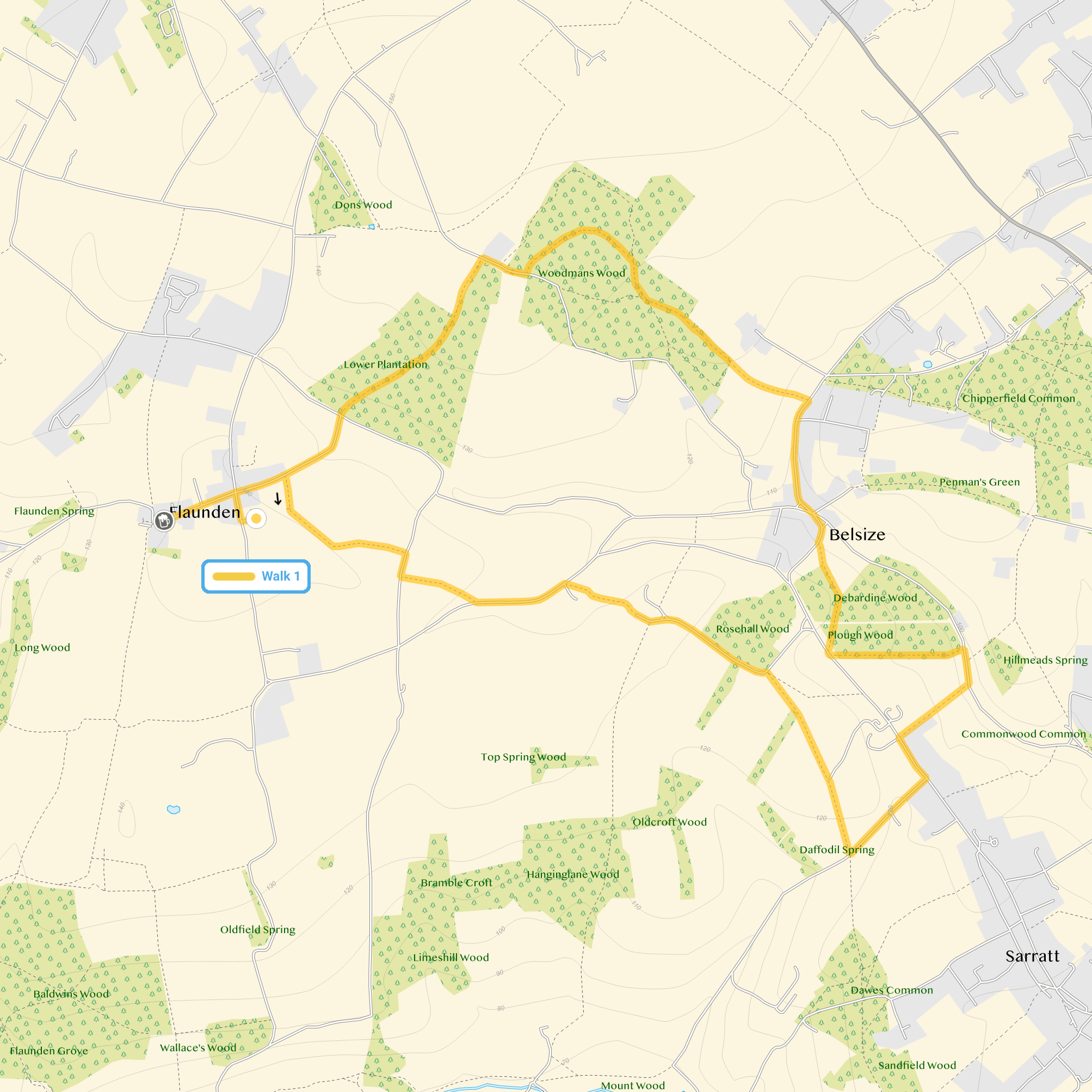Route map for Flaunden Walk, a 5 mile circular walk in Hertfordshire