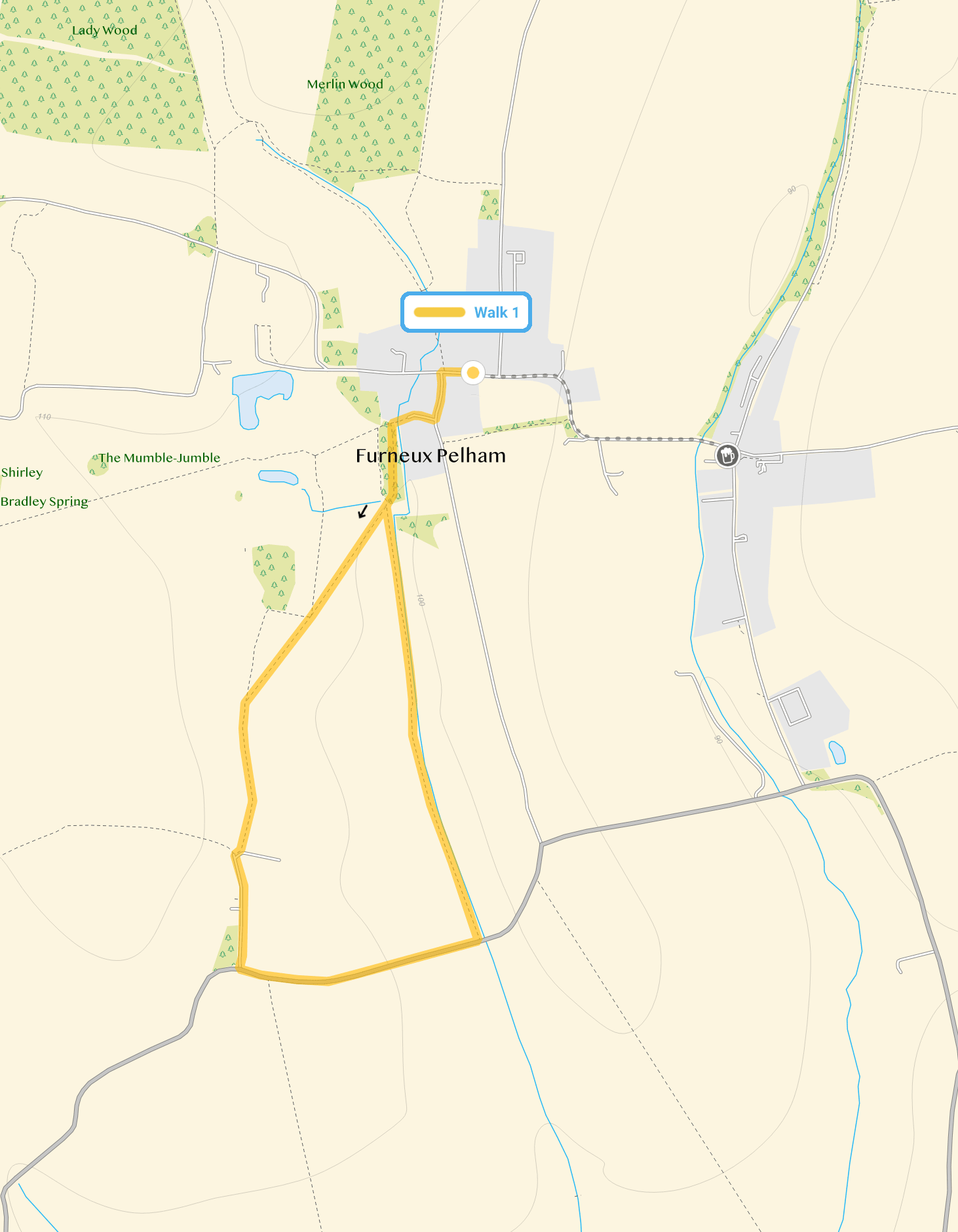 Route map for Furneux Pelham Walk 1, a 1.5 mile circular walk in Hertfordshire