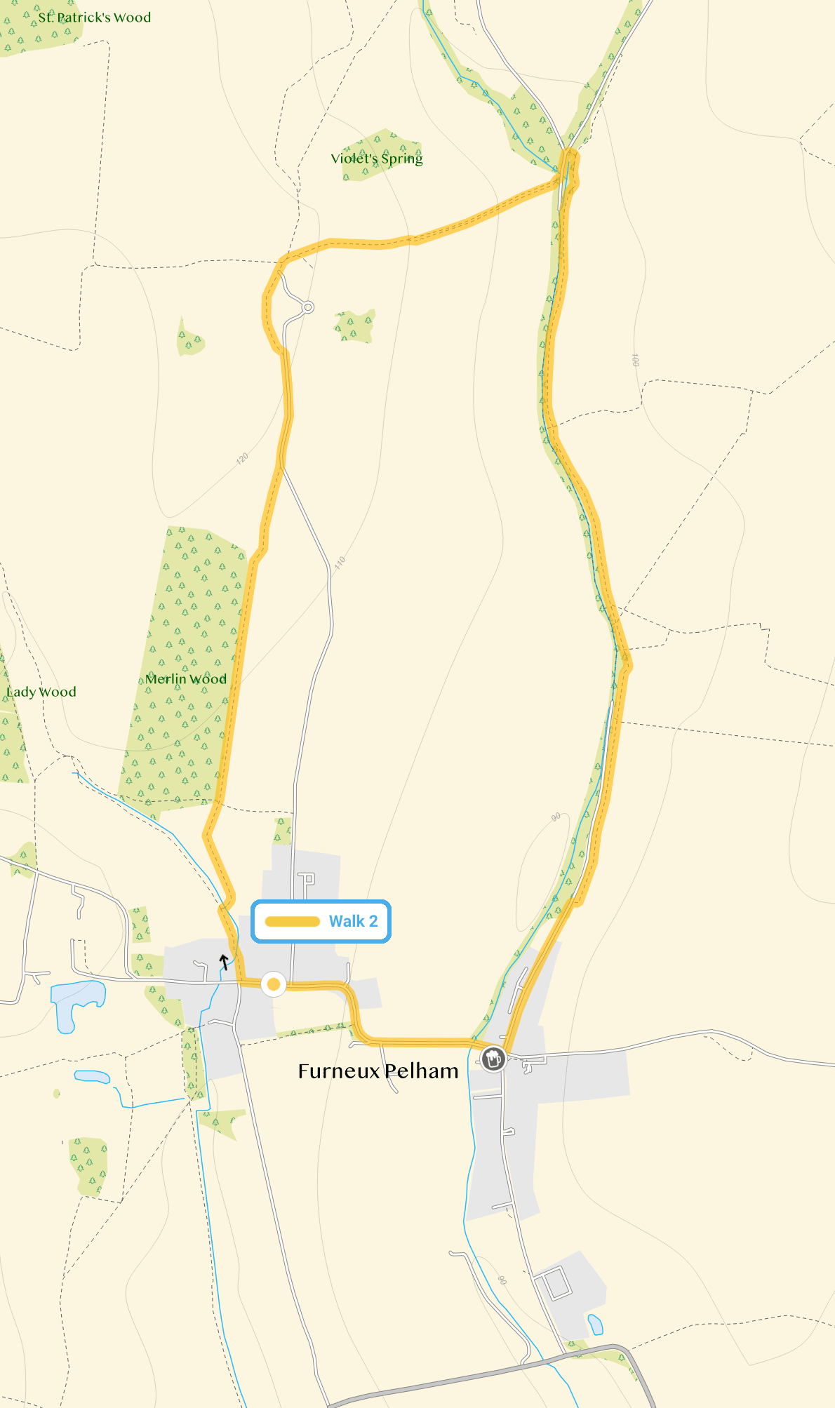 Route map for Furneux Pelham Walk 2, a 2.5 mile circular walk in Hertfordshire