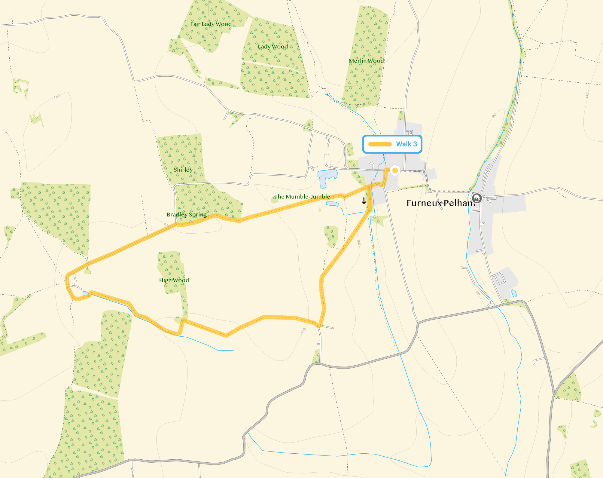 Route map for Furneux Pelham Walk 3, a 2.75 mile circular walk in Hertfordshire