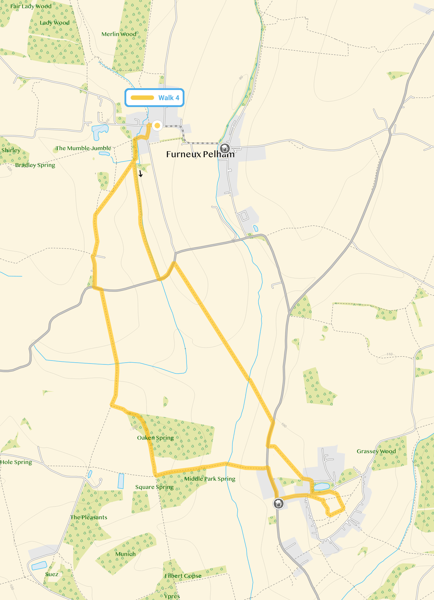 Route map for Furneux Pelham Walk 4, a 4.25 mile circular walk in Hertfordshire