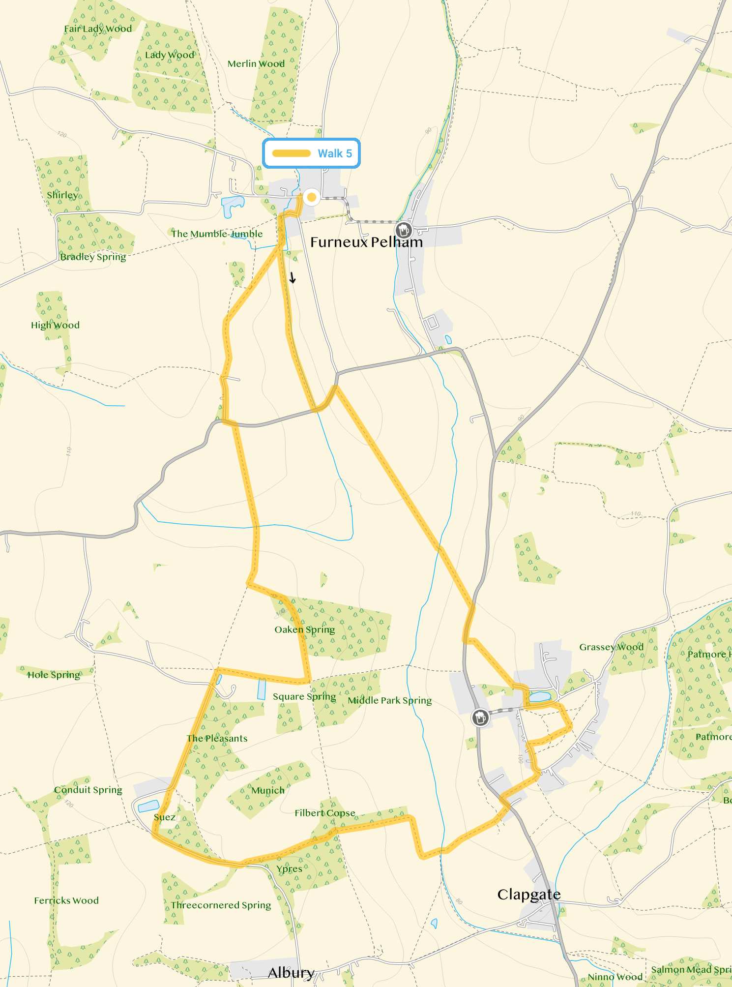 Route map for Furneux Pelham Walk 5, a 5.5 mile circular walk in Hertfordshire