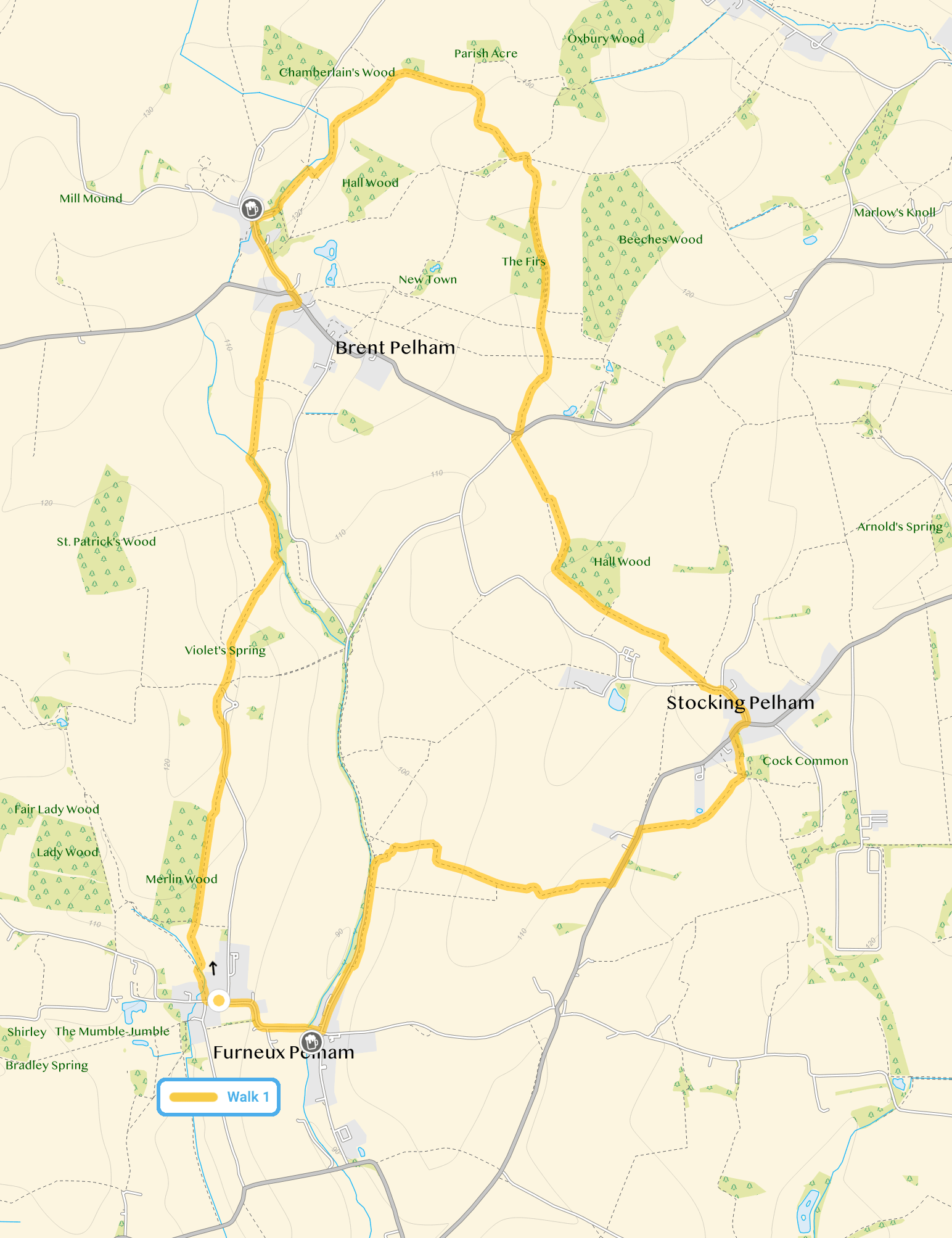 Route map for Furneux Pelham Walk 6, a 7 mile circular walk in Hertfordshire