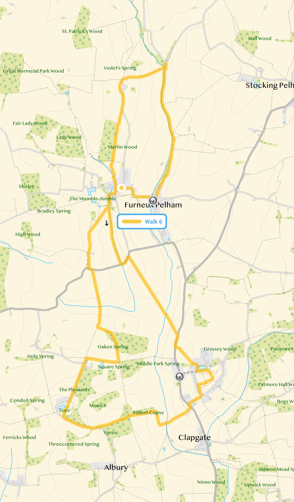 Route map for Furneux Pelham Walk 7, an 8 mile circular walk in Hertfordshire