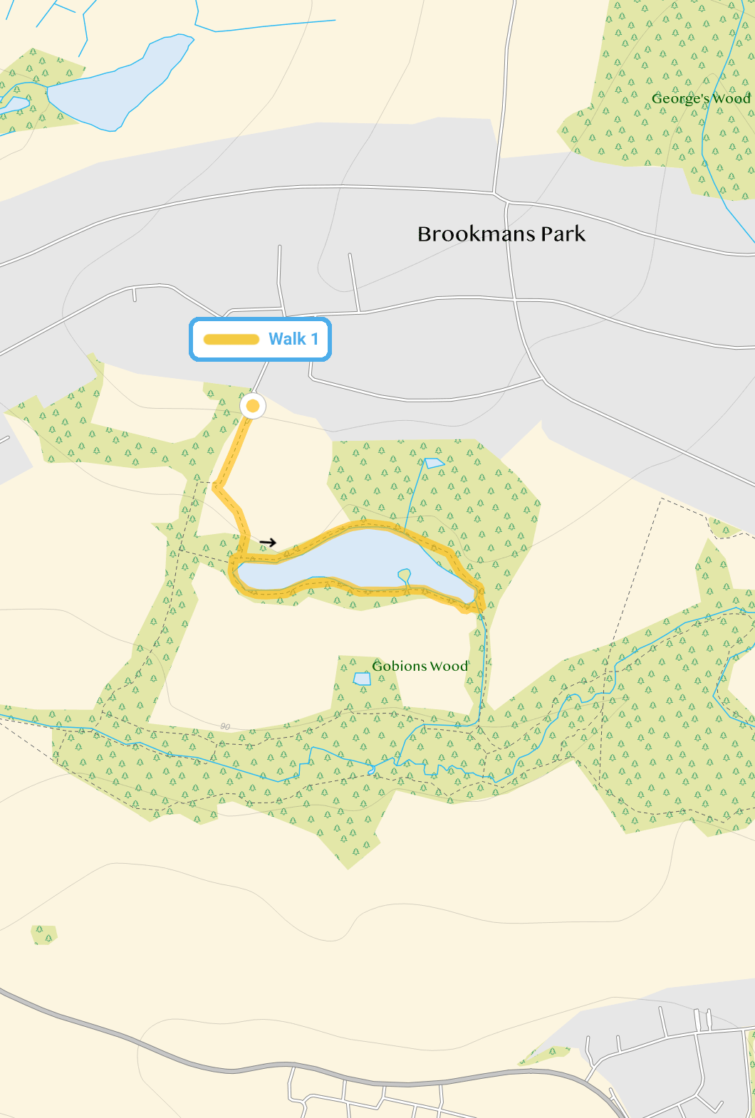 Route map for Gobions Woods Walk 1, a 0.75 mile circular walk in Hertfordshire