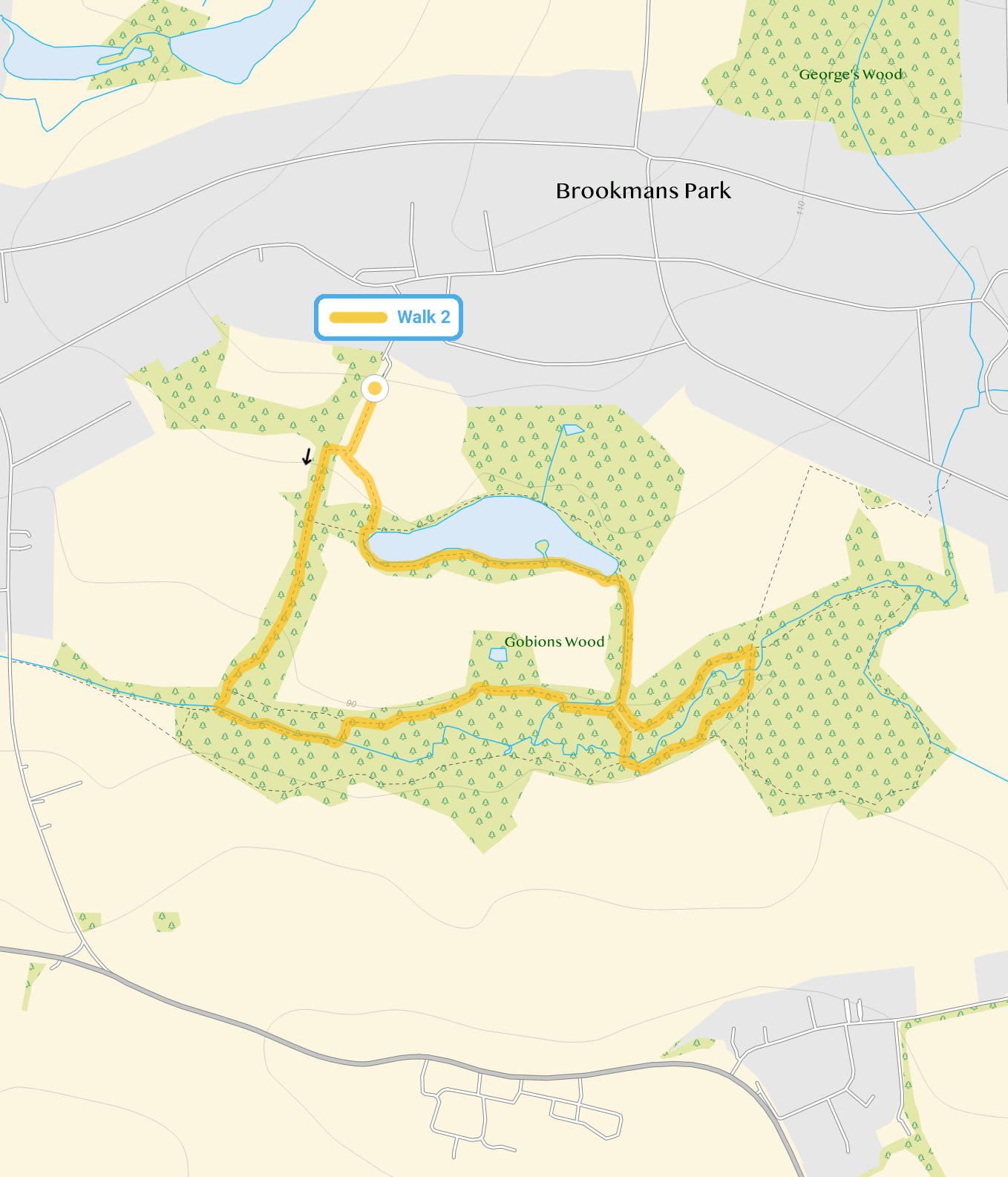 Route map for Gobions Woods Walk 2, a 1.5 mile circular walk in Hertfordshire