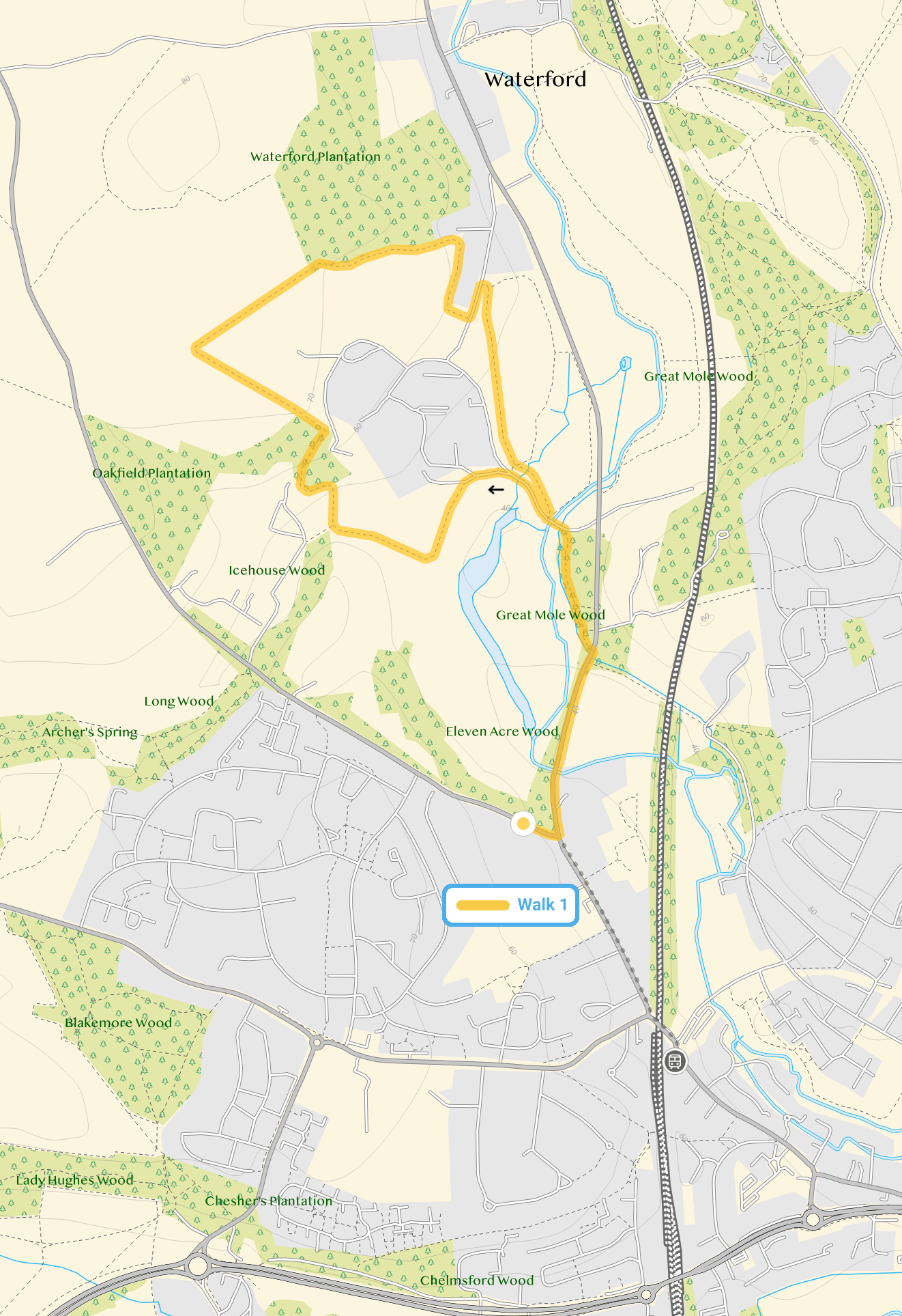 Route map for Goldings Walk, a 3 mile circular walk in Hertfordshire