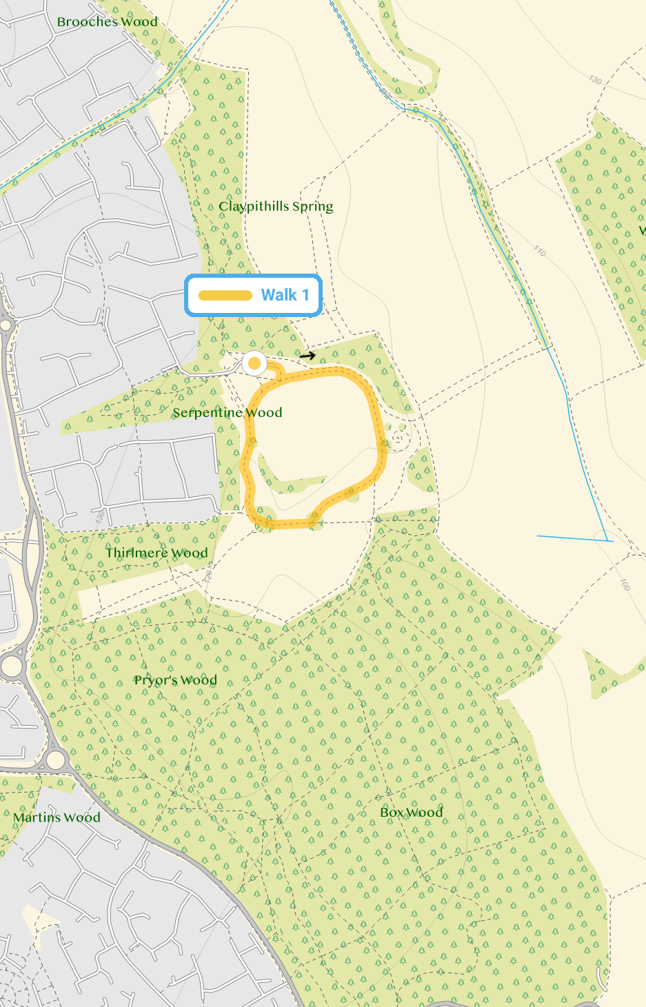 Route map for Great Ashby Park Walk 1, a 0.5 mile circular walk in Hertfordshire