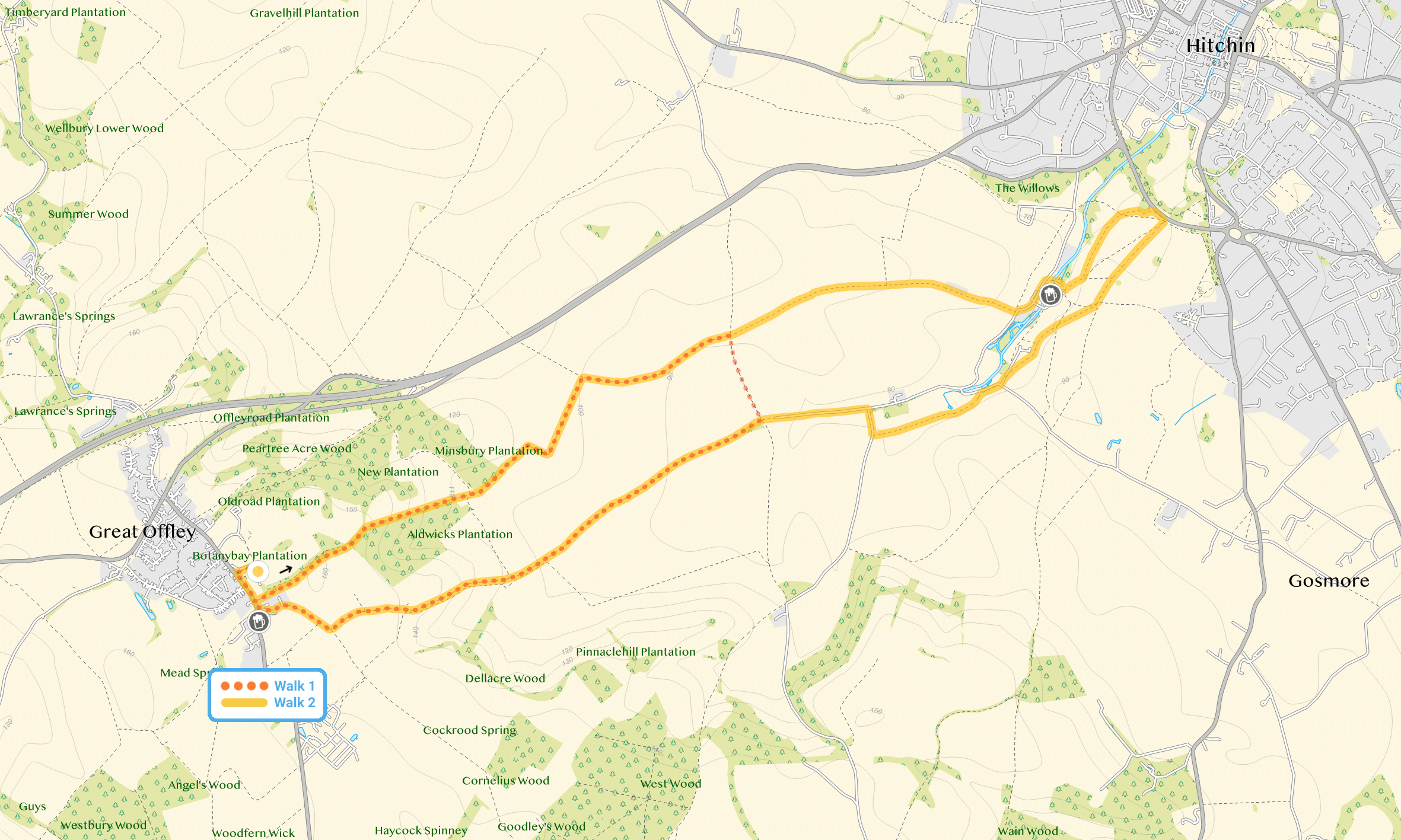 Route map for Great Offley Walk 1, a 3.5 mile circular walk in Hertfordshire