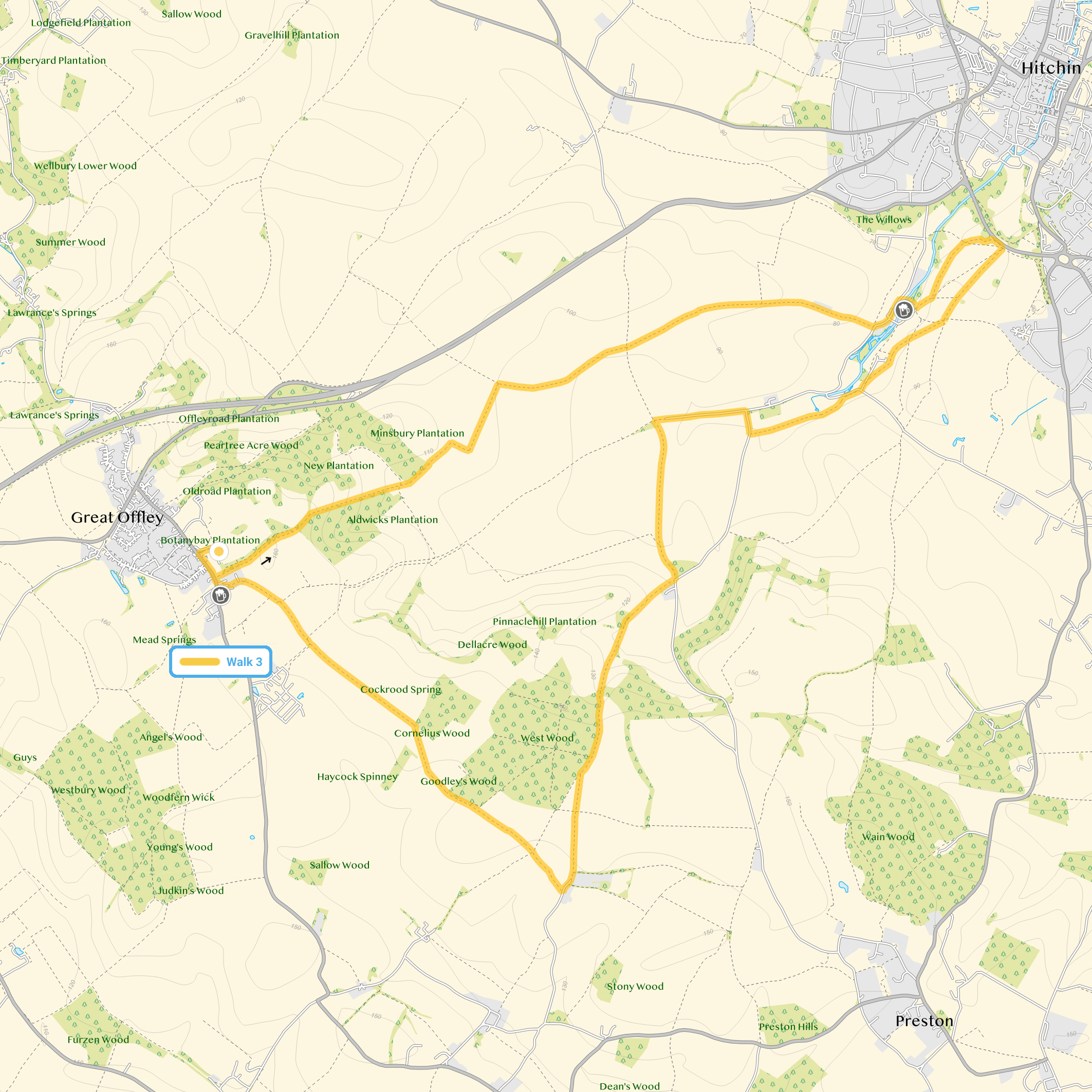 Route map for Great Offley Walk 3, a 7.5 mile circular walk in Hertfordshire