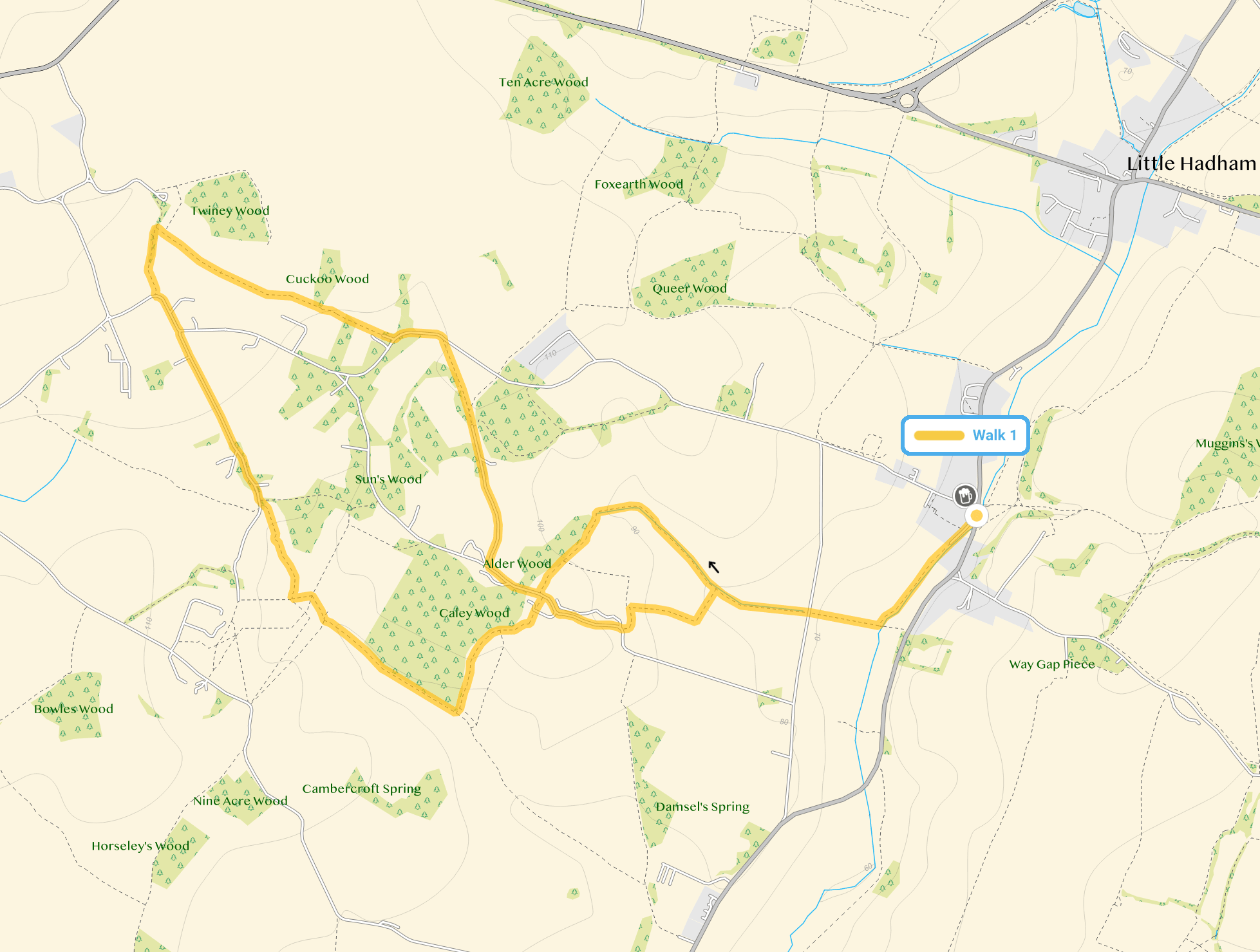 Route map for Hadham Ford Walk, a 4.25 mile circular walk in Hertfordshire