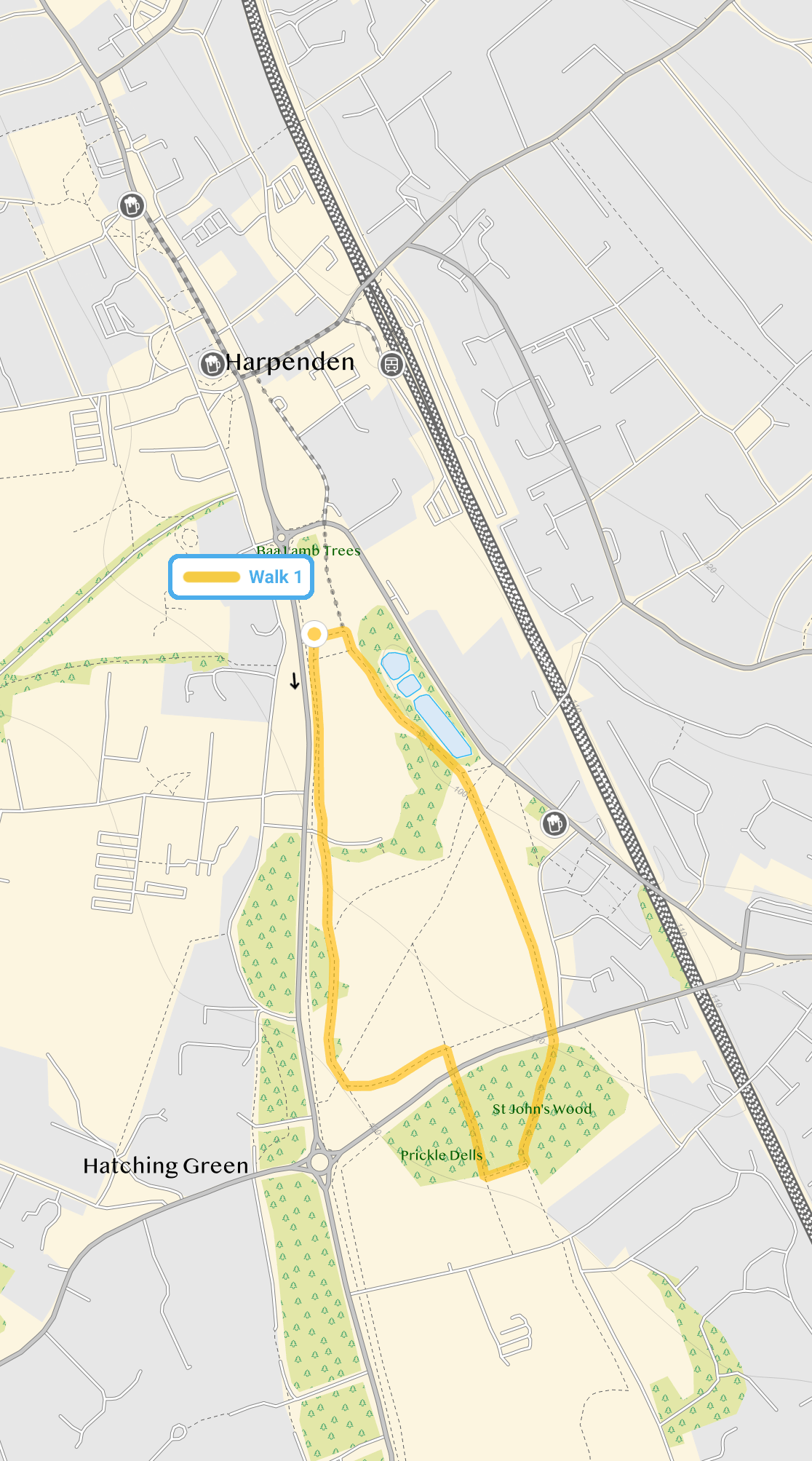 Route map for Harpenden Common Walk 1, a 1.25 mile circular walk in Hertfordshire