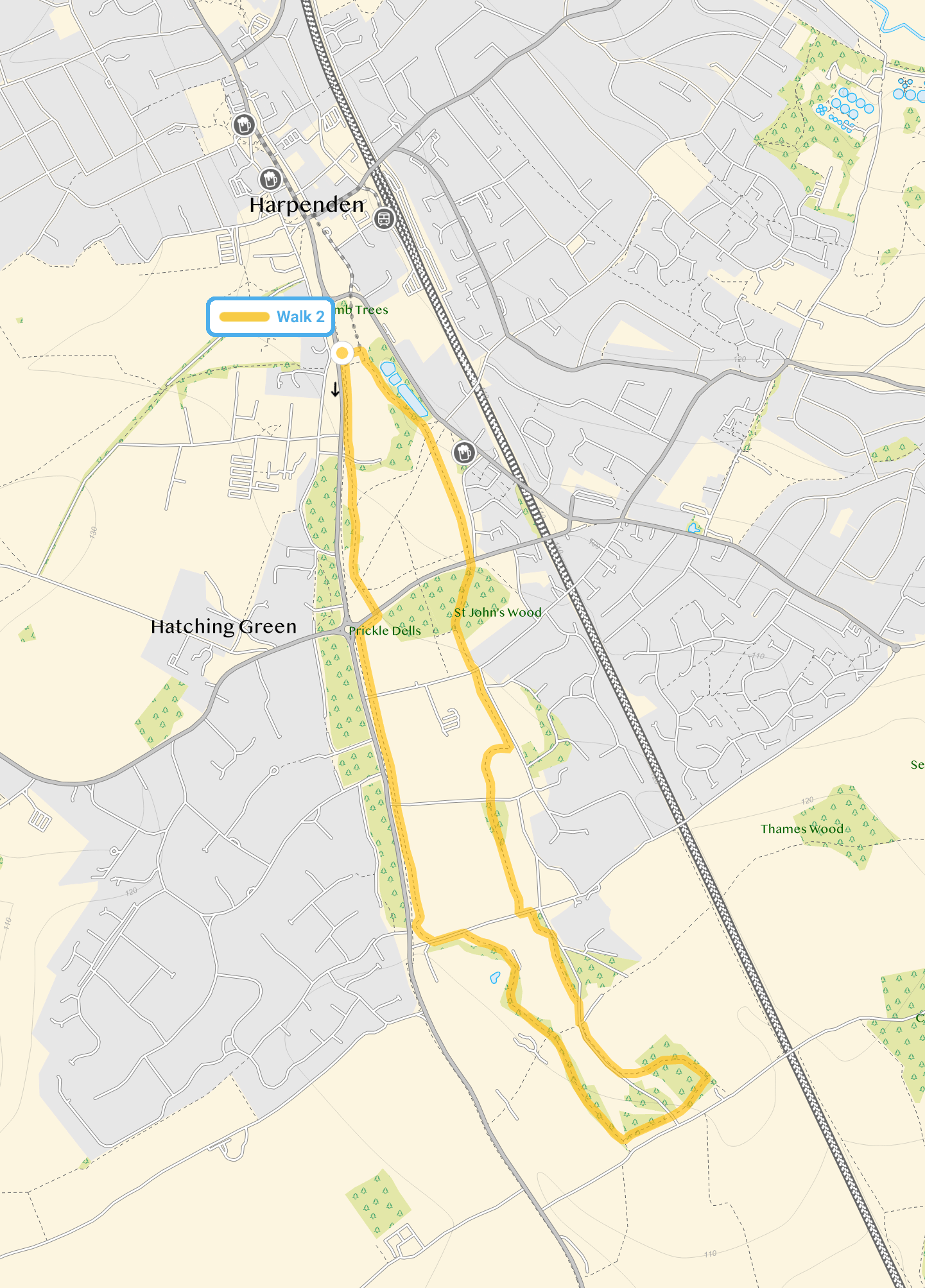 Route map for Harpenden Common Walk 2, a 3.5 mile circular walk in Hertfordshire
