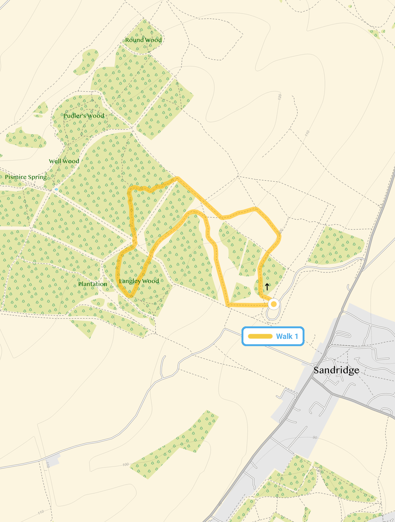 Route map for Heartwood Forest Walk 1, a 1.75 mile circular walk in Hertfordshire