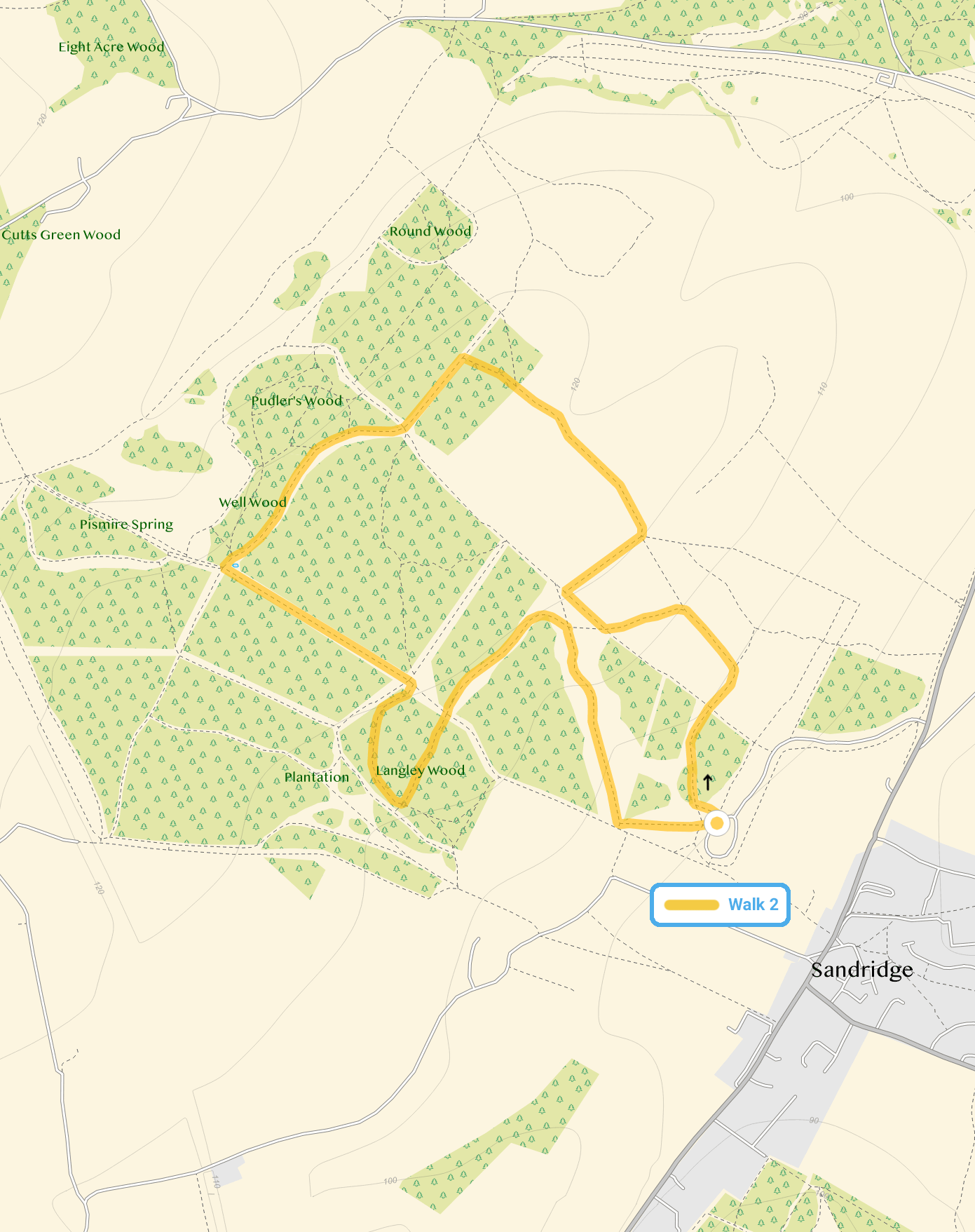 Route map for Heartwood Forest Walk 2, a 2.5 mile circular walk in Hertfordshire