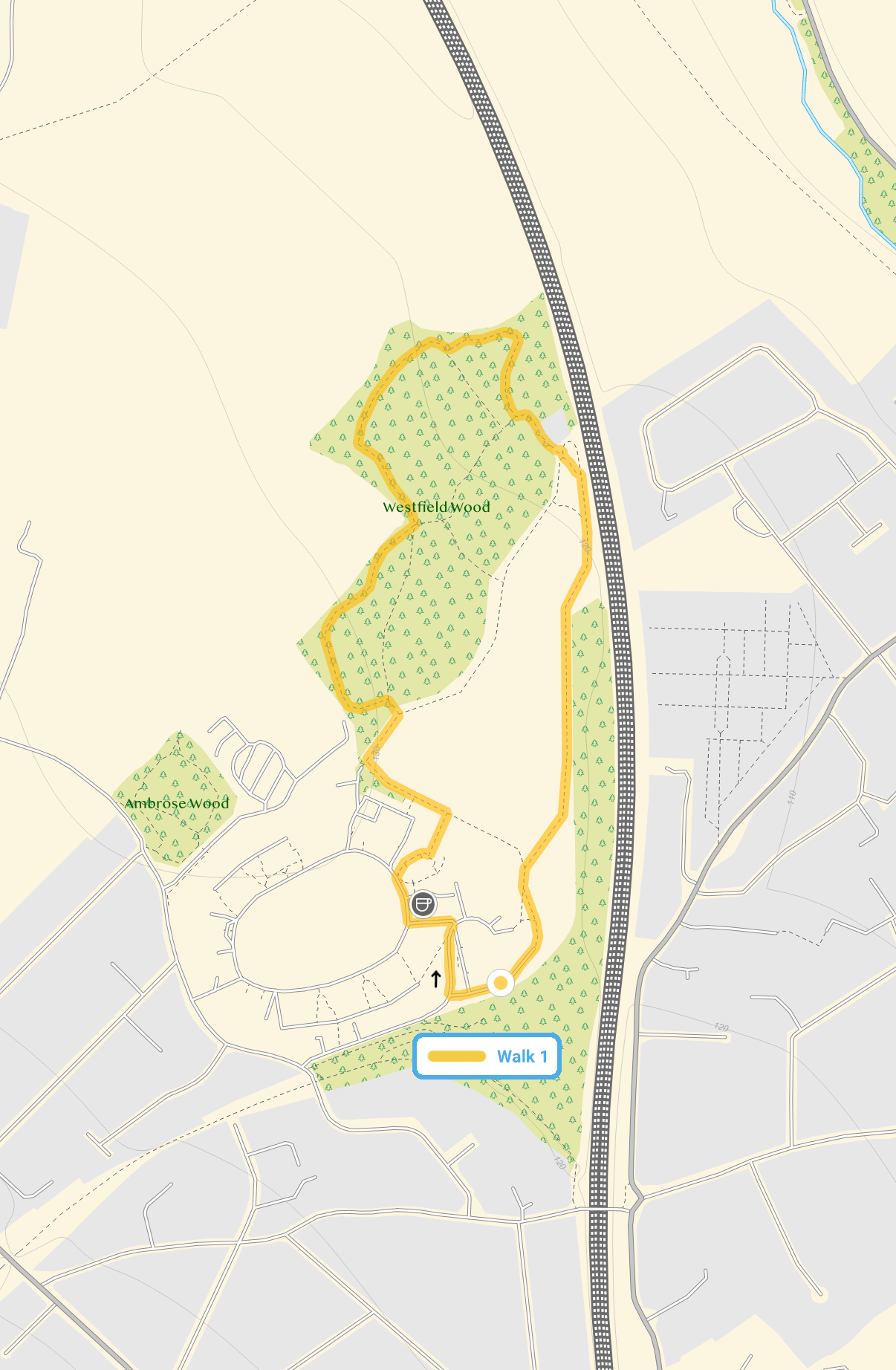 Route map for Highfield Oval Walk, a 1 mile circular walk in Hertfordshire