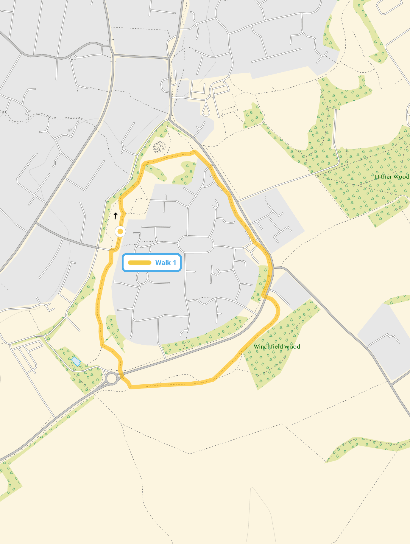 Route map for Highfield Park Walk 1, a 1 mile circular walk in Hertfordshire