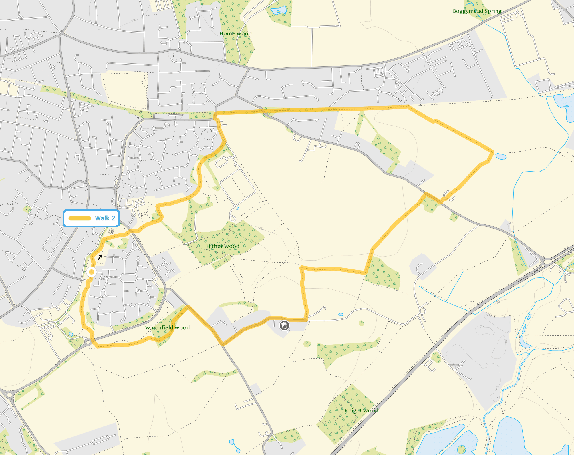 Route map for Highfield Park Walk 2, a 3.75 mile circular walk in Hertfordshire