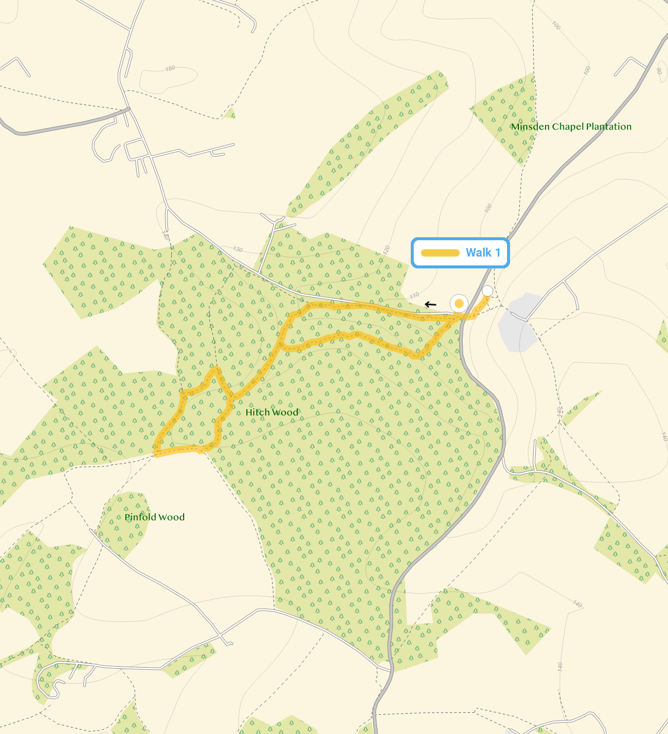 Route map for Hitch Wood Walk 1, a 1.5 mile circular walk in Hertfordshire