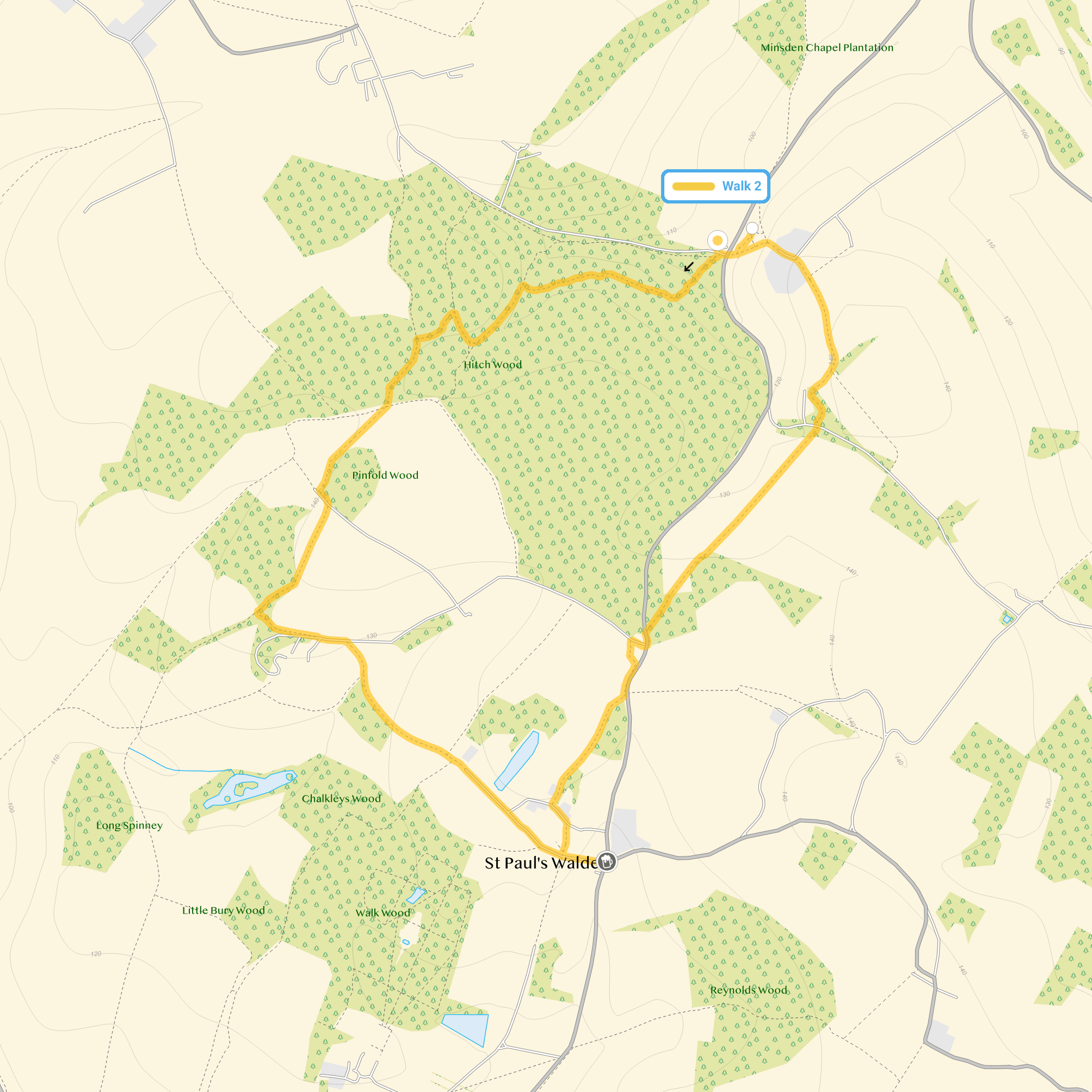 Route map for Hitch Wood Walk 2, a 3.5 mile circular walk in Hertfordshire