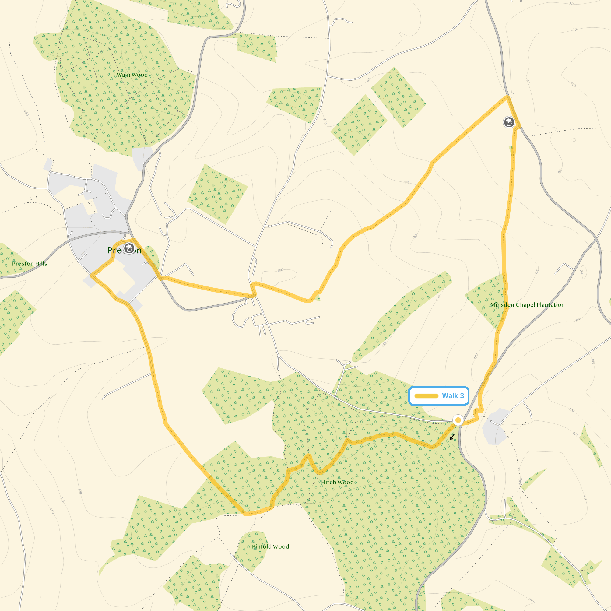 Route map for Hitch Wood Walk 3, a 4.75 mile circular walk in Hertfordshire