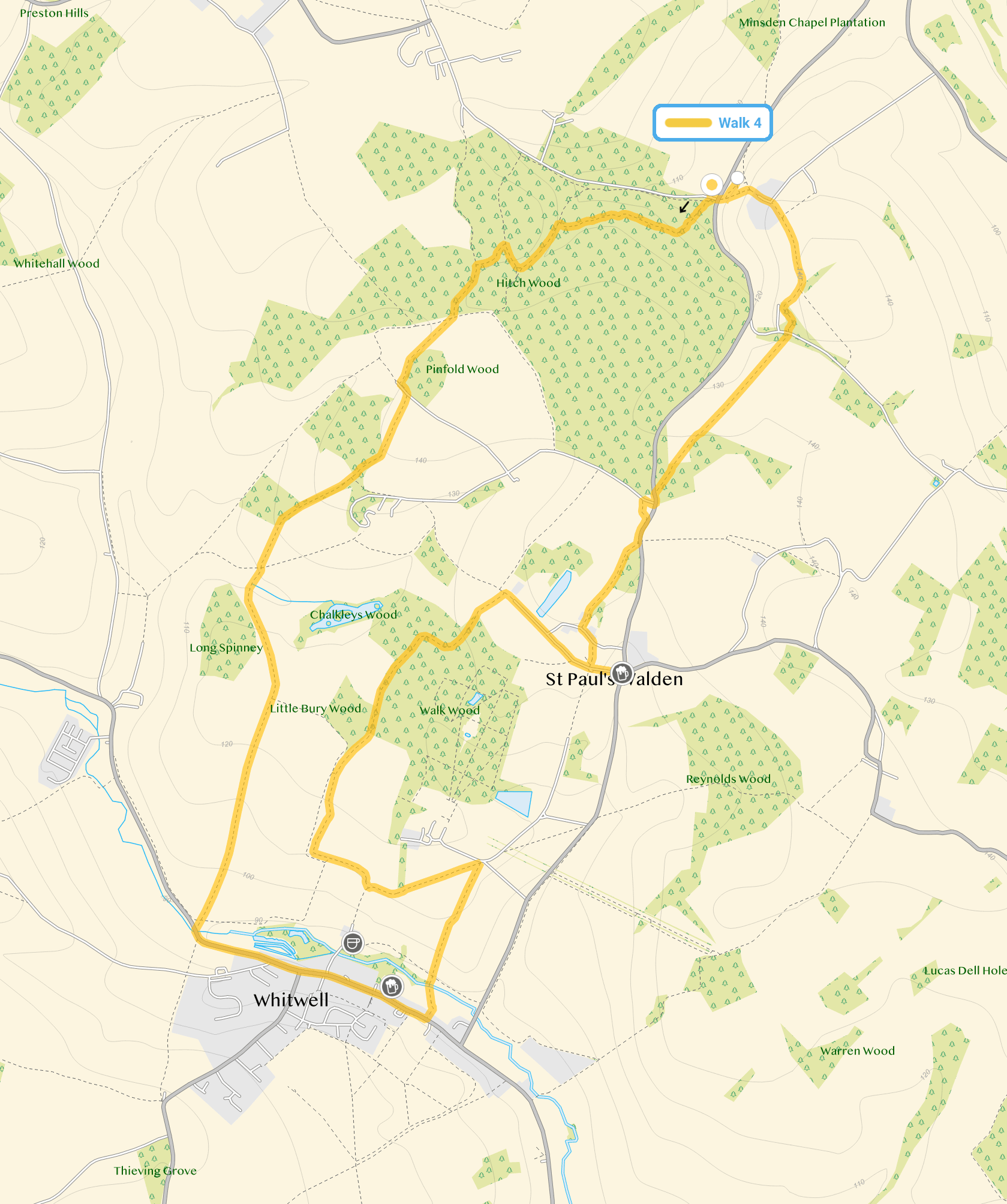 Route map for Hitch Wood Walk 4, a 6.5 mile circular walk in Hertfordshire