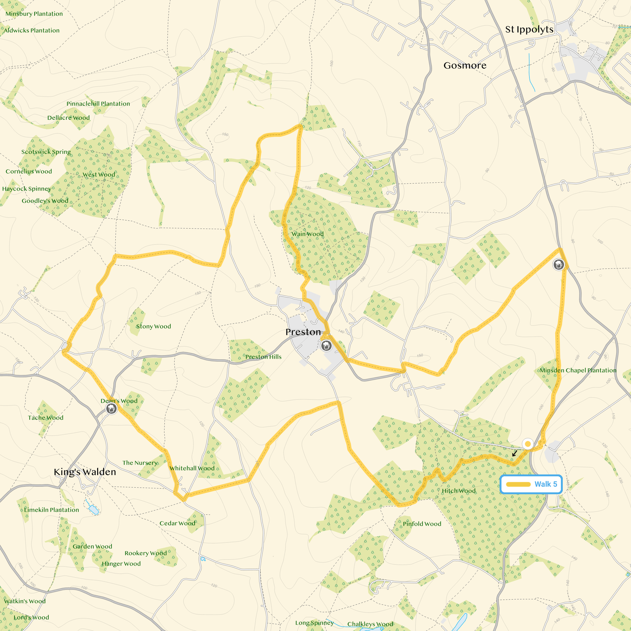 Route map for Hitch Wood Walk 5, a 9.25 mile circular walk in Hertfordshire