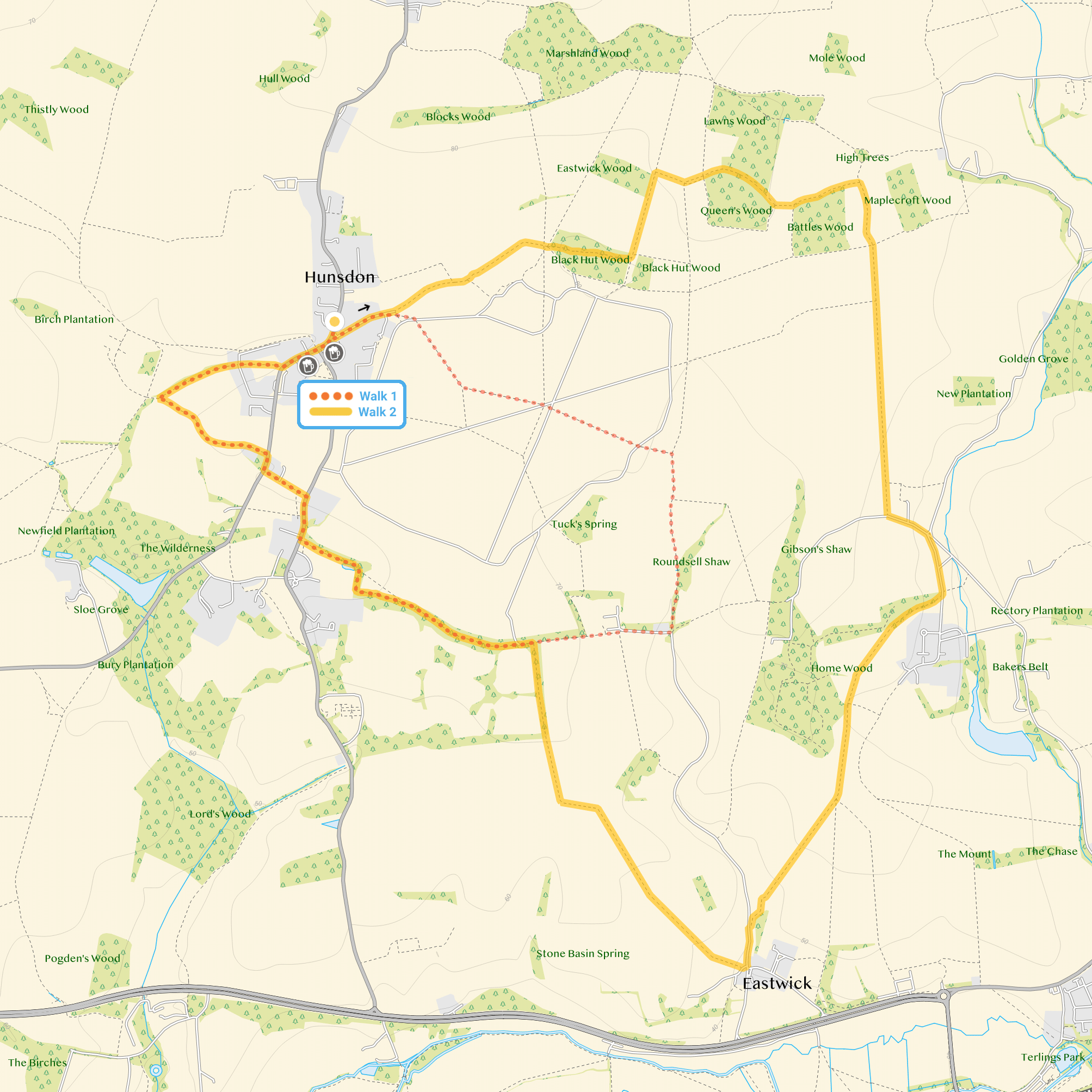 Route map for Hunsdon Walk 1, a 3.5 mile circular walk in Hertfordshire