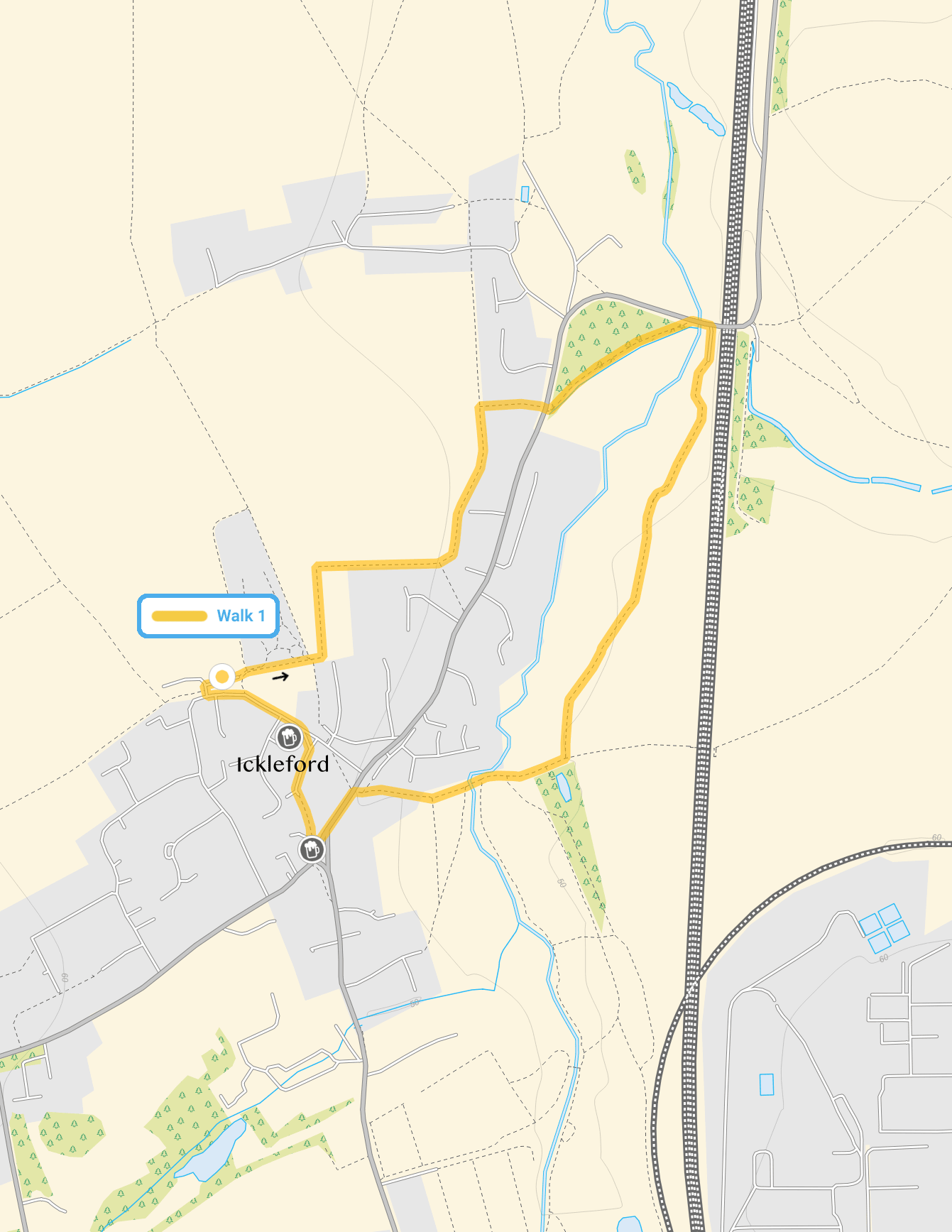 Route map for Ickleford Walk 1, a 1.5 mile circular walk in Hertfordshire