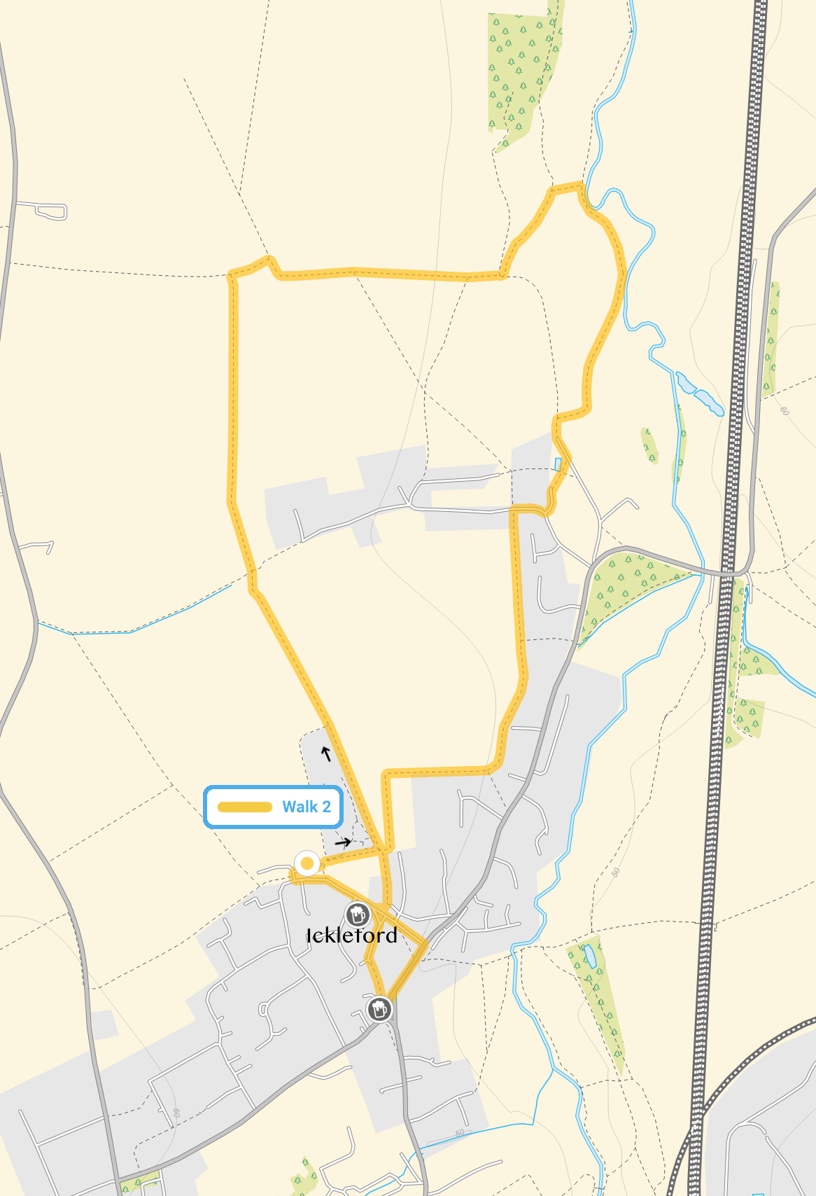 Route map for Ickleford Walk 2, a 2.5 mile circular walk in Hertfordshire