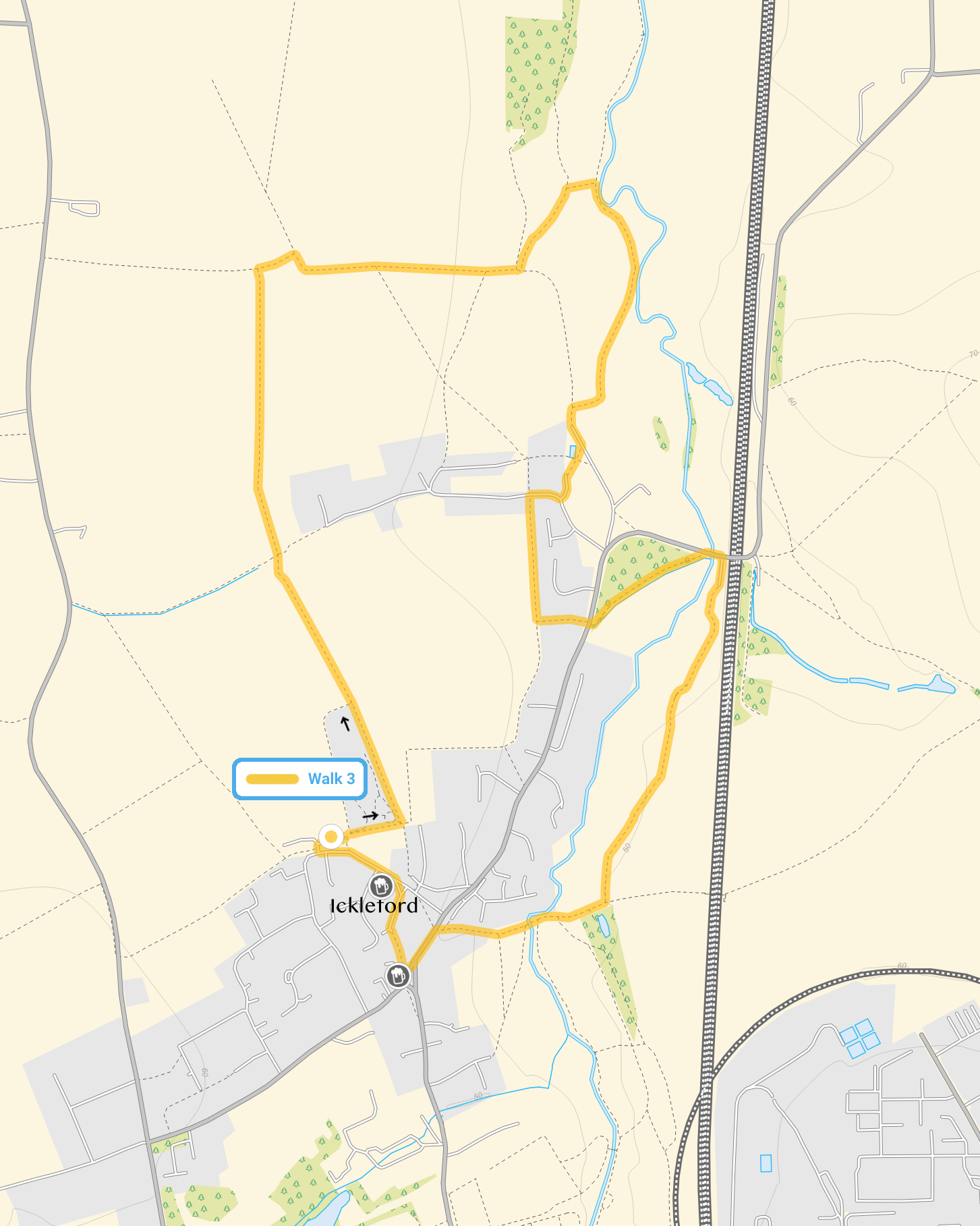 Route map for Ickleford Walk 3, a 3 mile circular walk in Hertfordshire