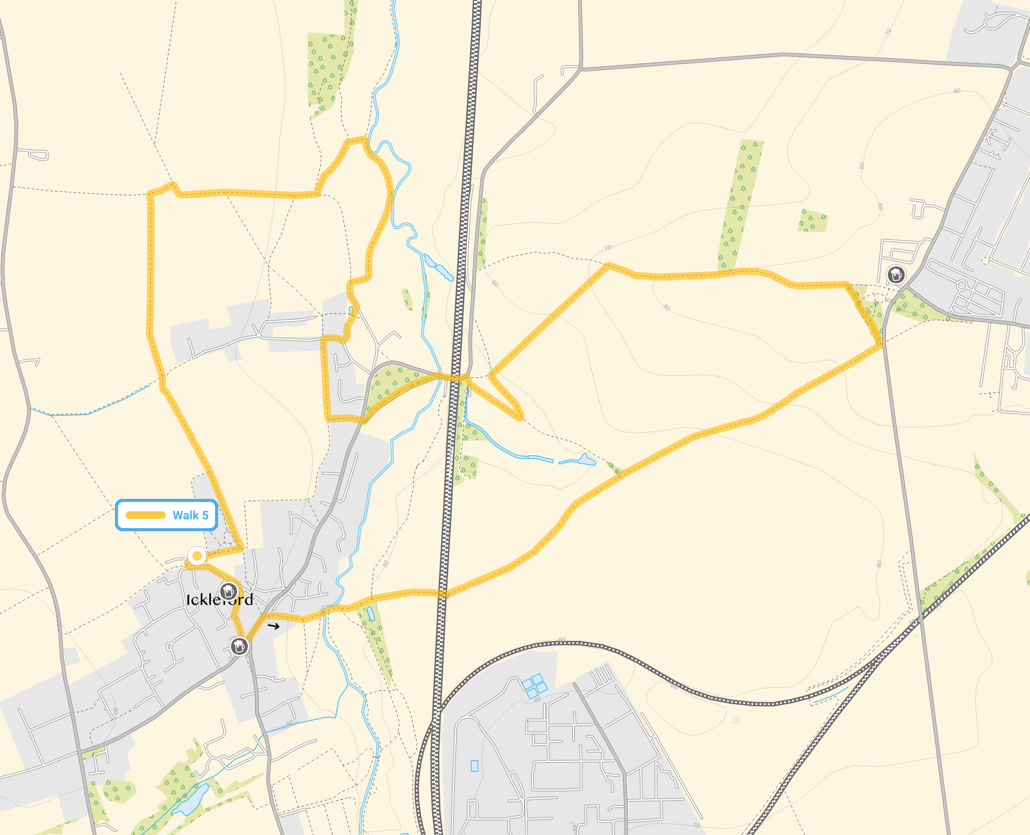 Route map for Ickleford Walk 5, a 4.75 mile circular walk in Hertfordshire