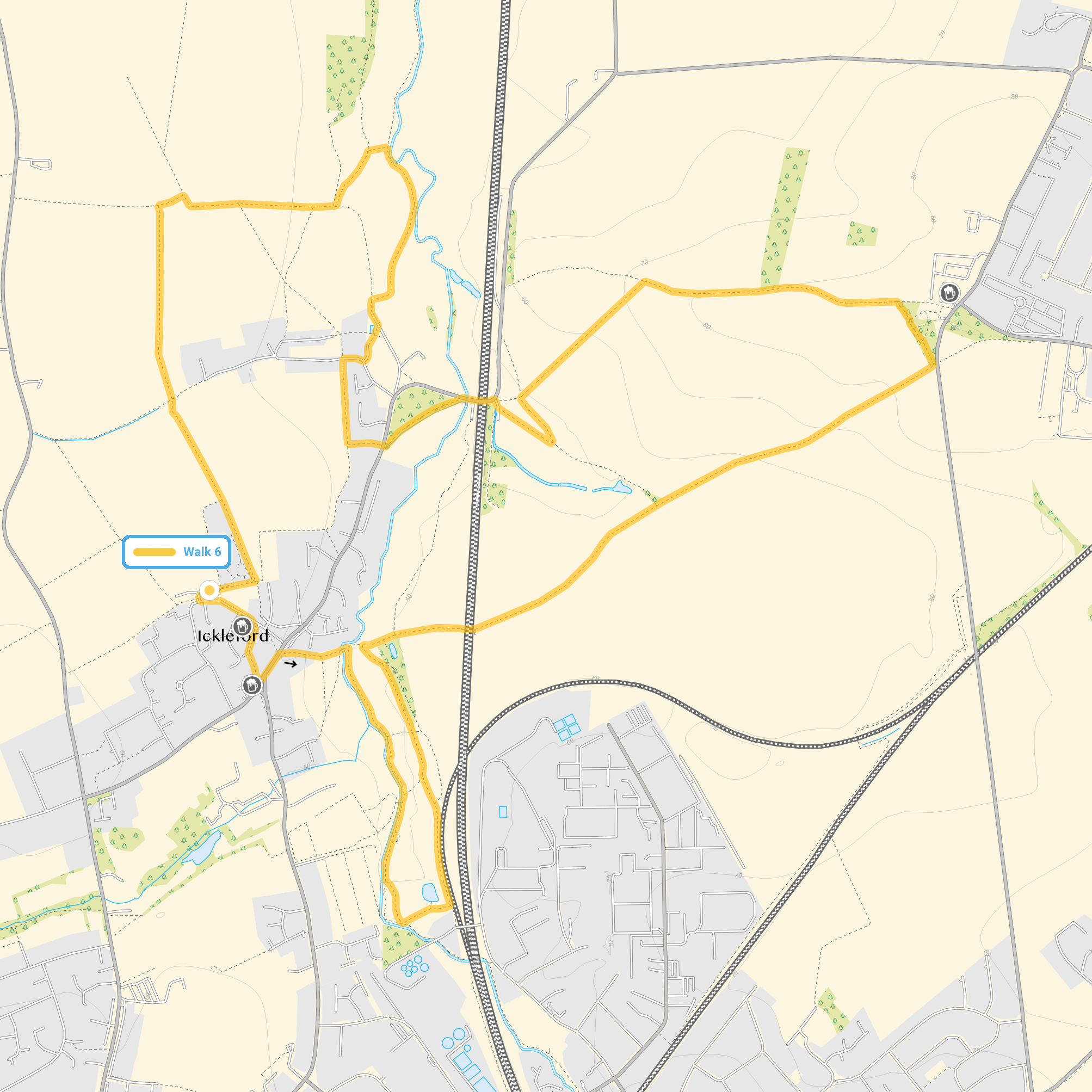 Route map for Ickleford Walk 6, a 5.75 mile circular walk in Hertfordshire