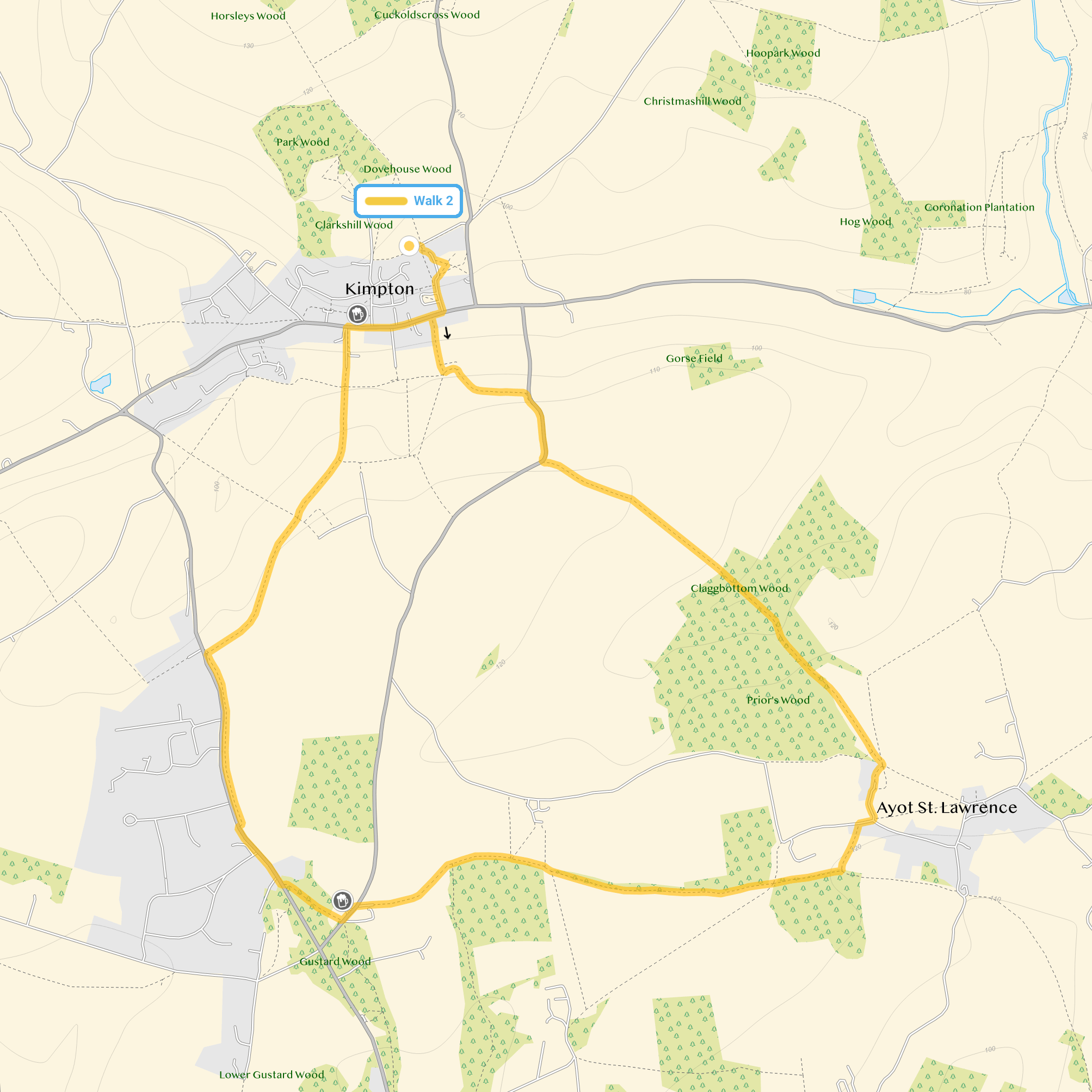 Route map for Kimpton Walk 2, a 4.5 mile circular walk in Hertfordshire