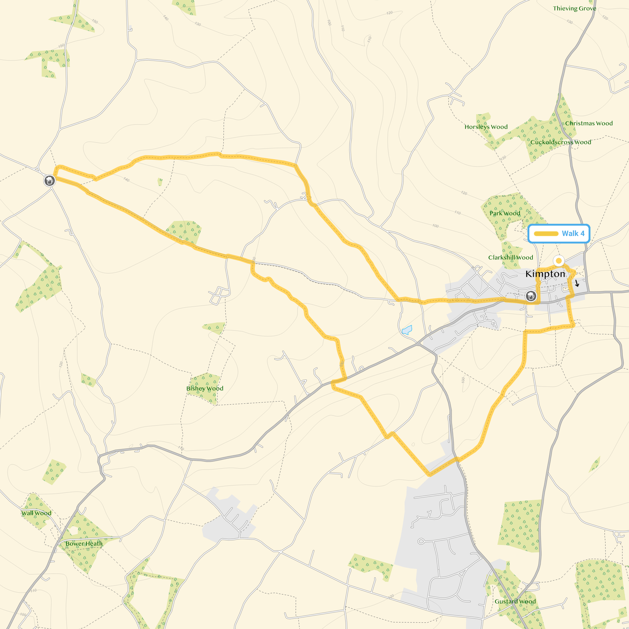 Route map for Kimpton Walk 4, a 6.25 mile circular walk in Hertfordshire