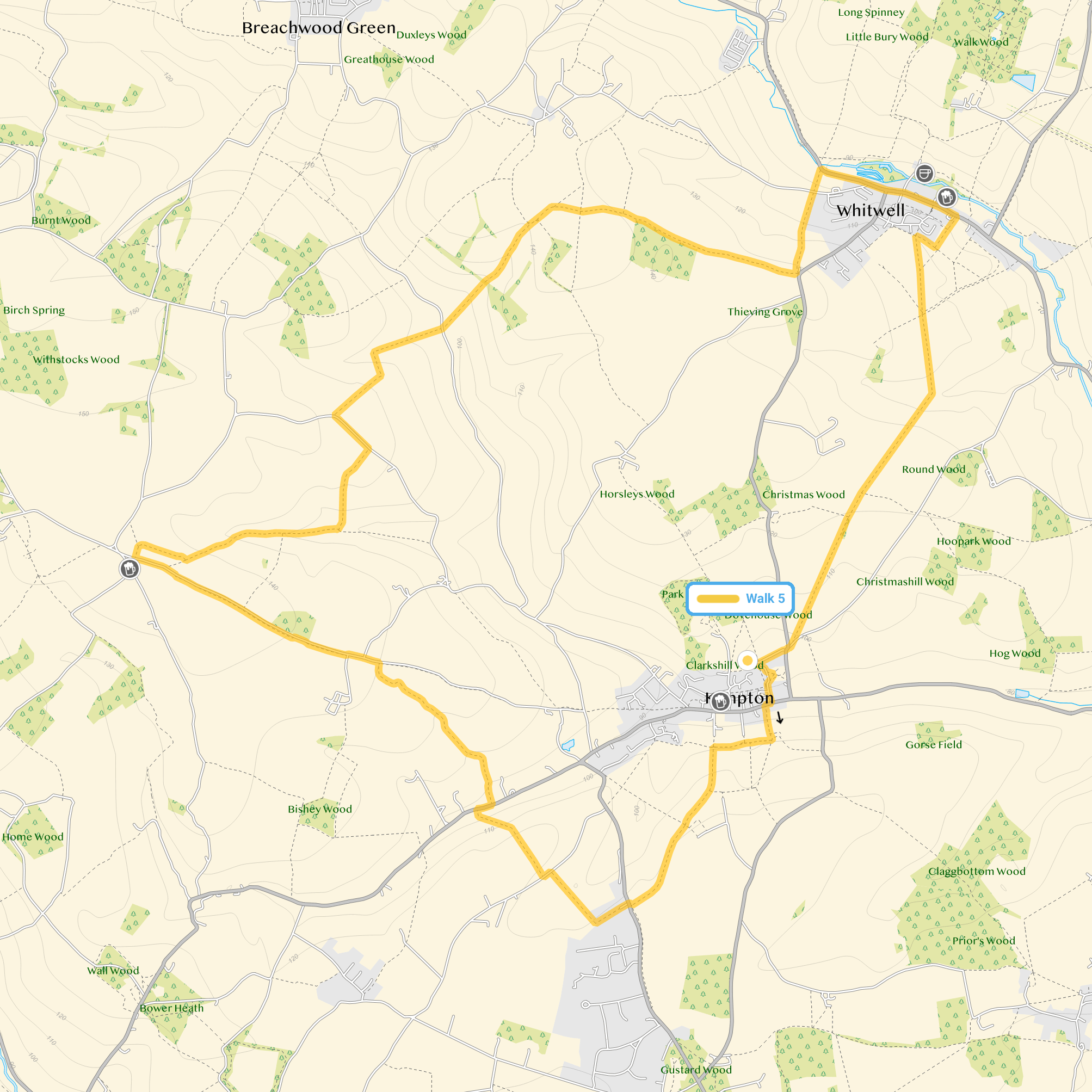 Route map for Kimpton Walk 5, a 9.5 mile circular walk in Hertfordshire