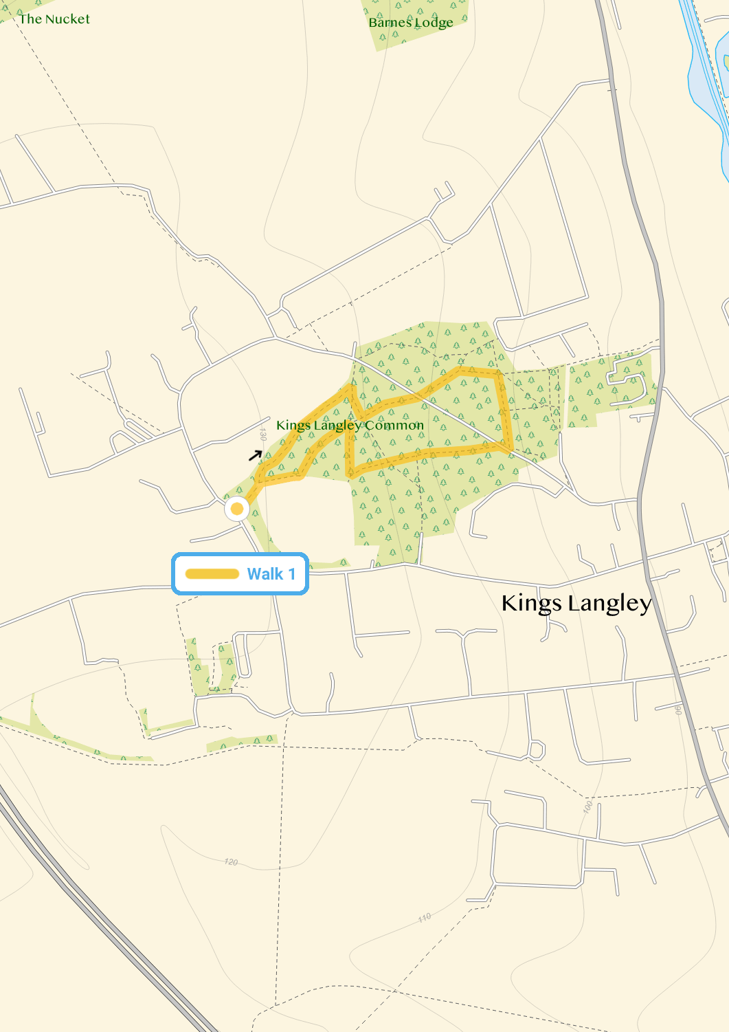 Route map for Kings Langley Walk 1, a 0.75 mile circular walk in Hertfordshire