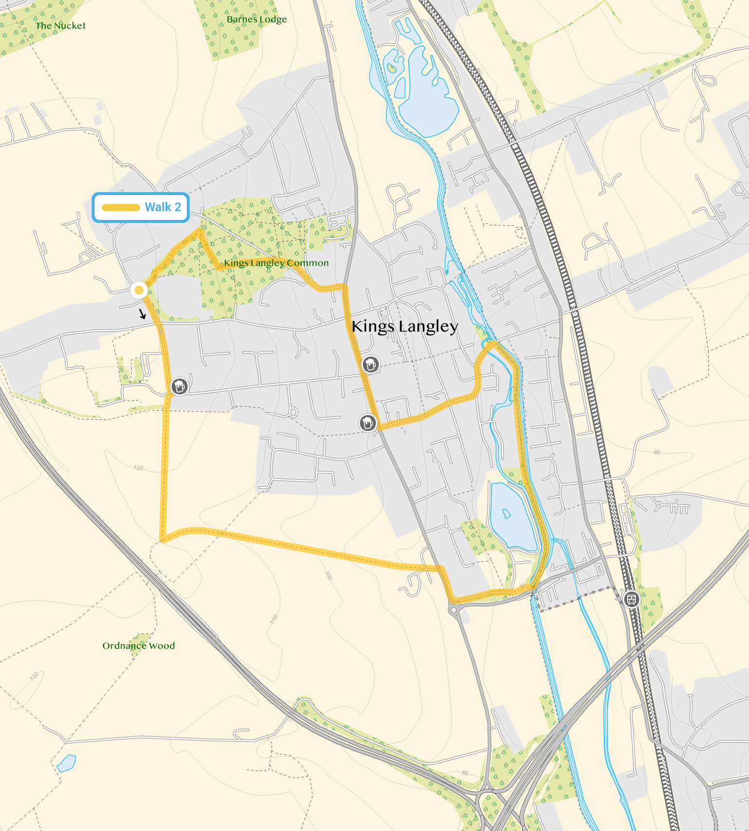 Route map for Kings Langley Walk 2, a 2.75 mile circular walk in Hertfordshire