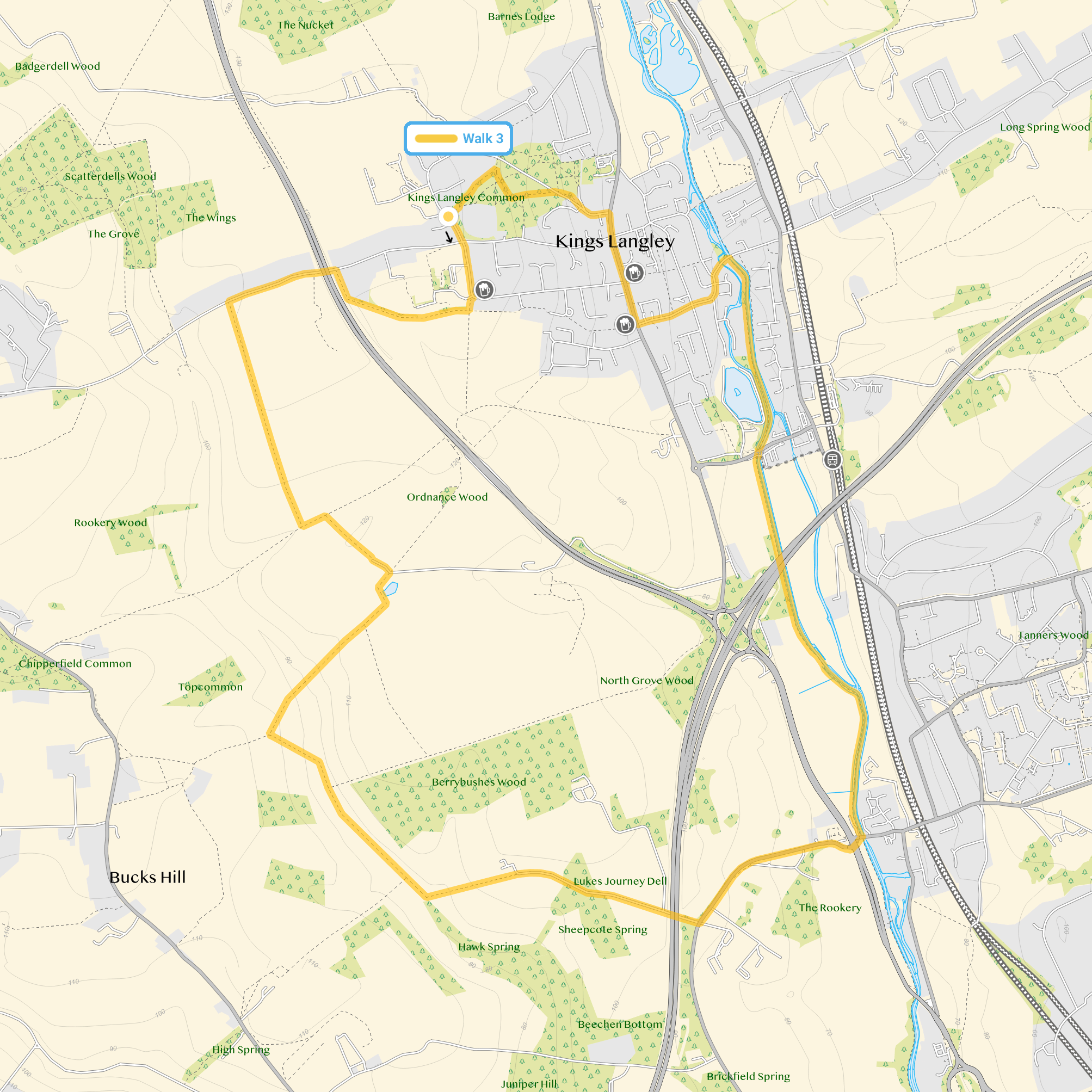 Route map for Kings Langley Walk 3, a 6.5 mile circular walk in Hertfordshire