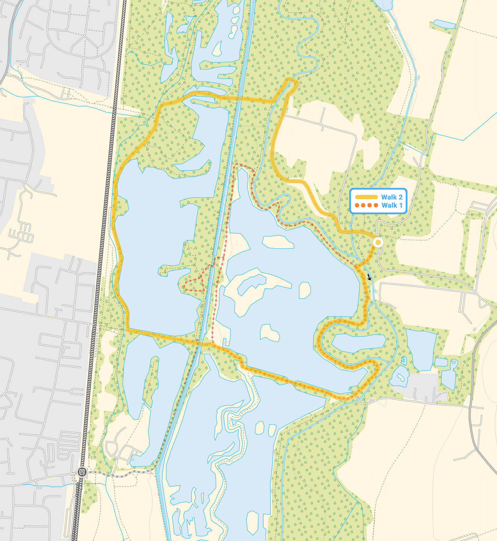Route map for Lee Valley Park Walk 1, a 2 mile circular walk in Hertfordshire