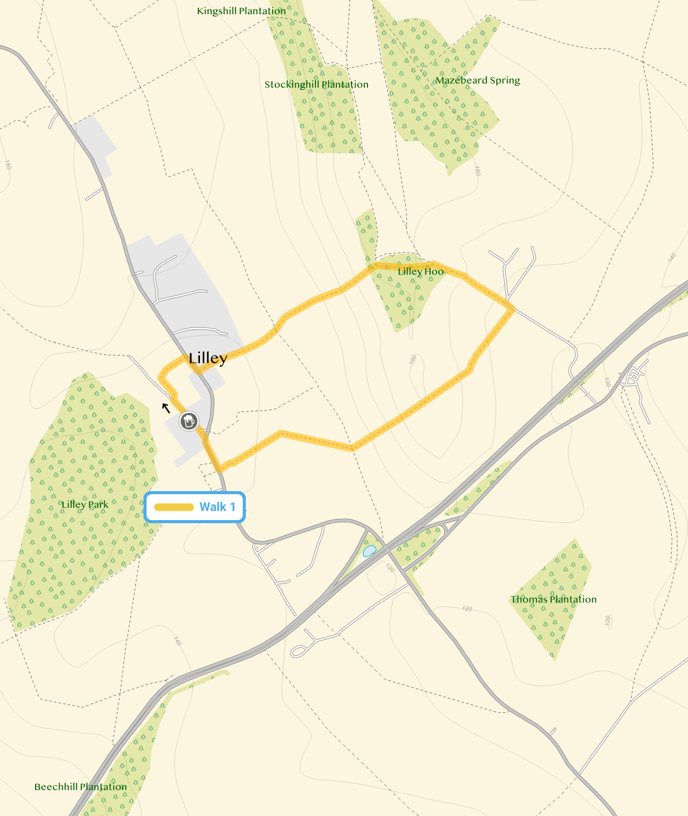 Route map for Lilley Walk 1, a 1.5 mile circular walk in Hertfordshire