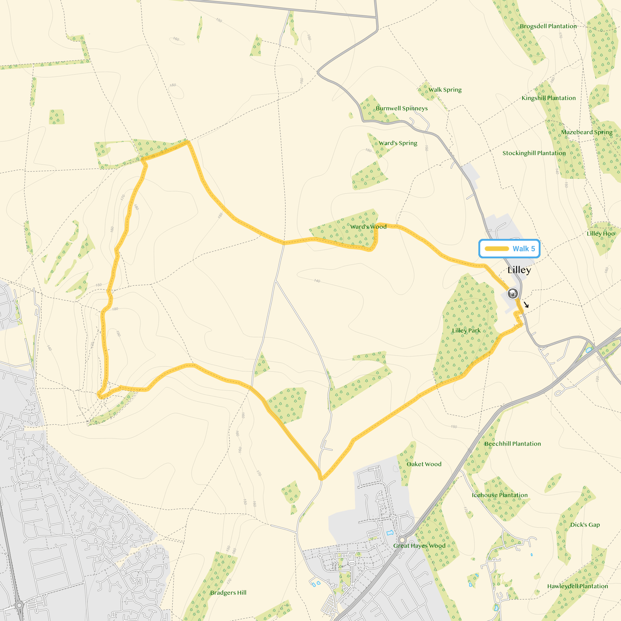 Route map for Lilley Walk 5, a 5.5 mile circular walk in Hertfordshire