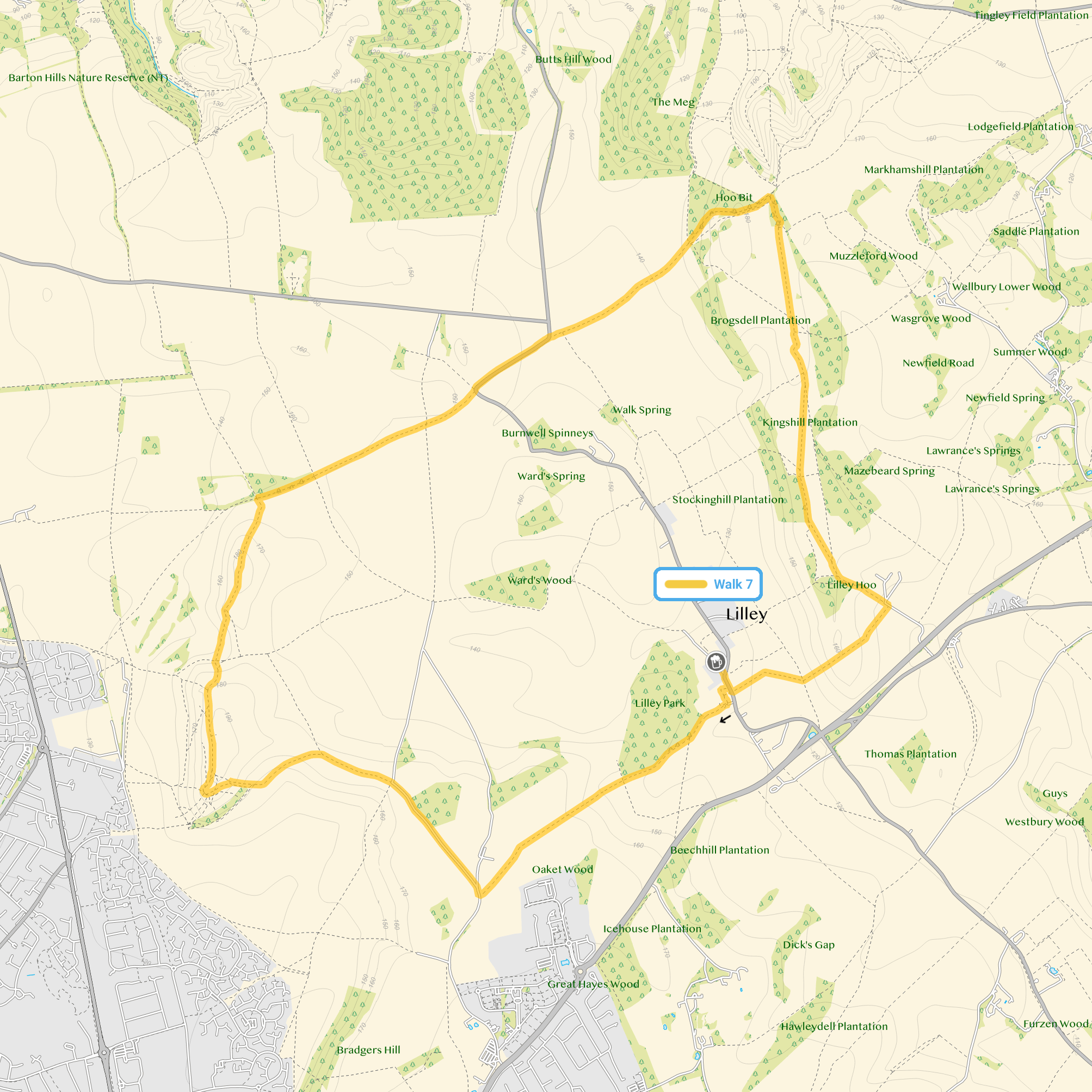 Route map for Lilley Walk 7, a 7.75 mile circular walk in Hertfordshire