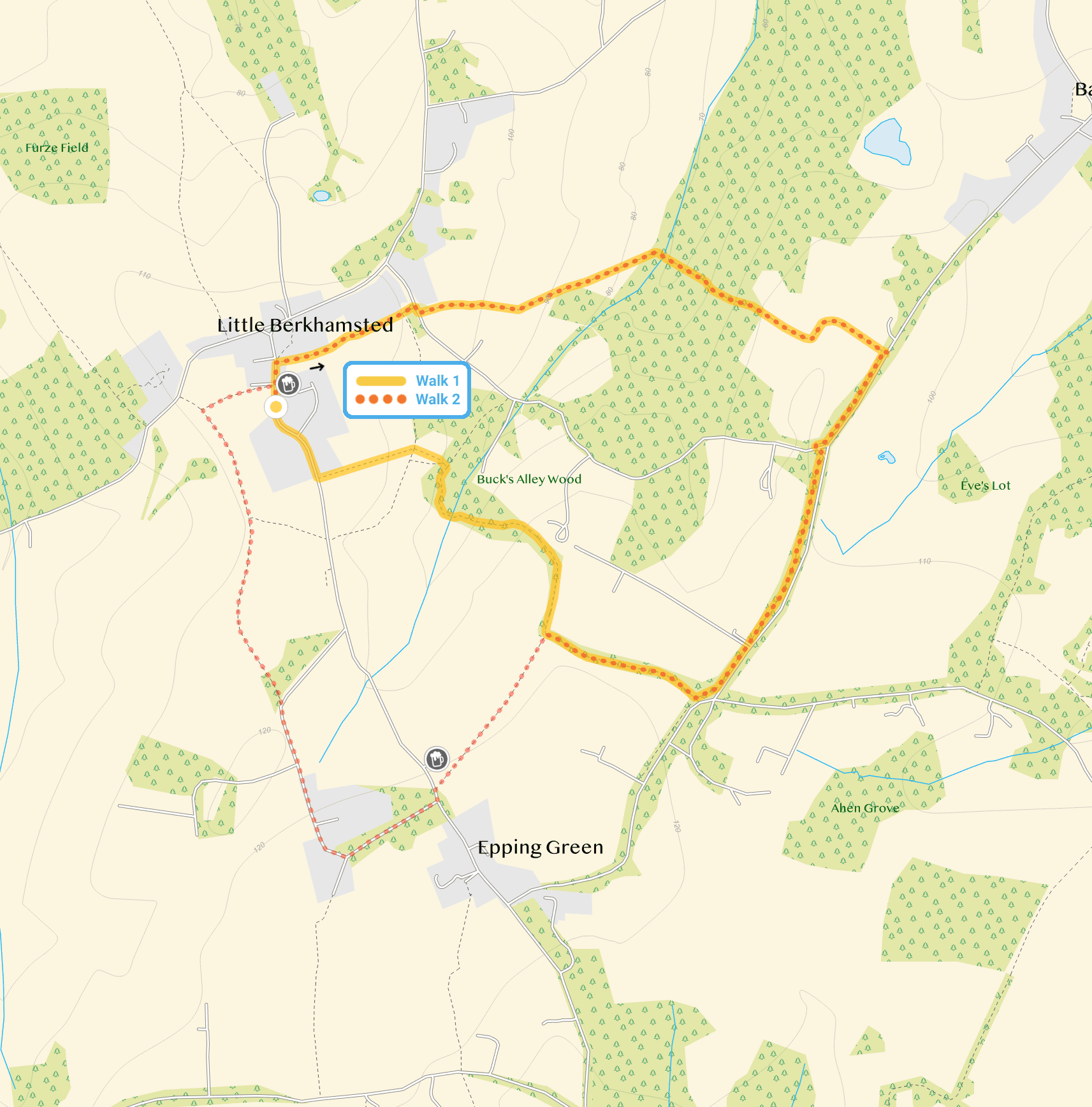 Route map for Little Berkhamstead Walk 1, a 2.5 mile circular walk in Hertfordshire