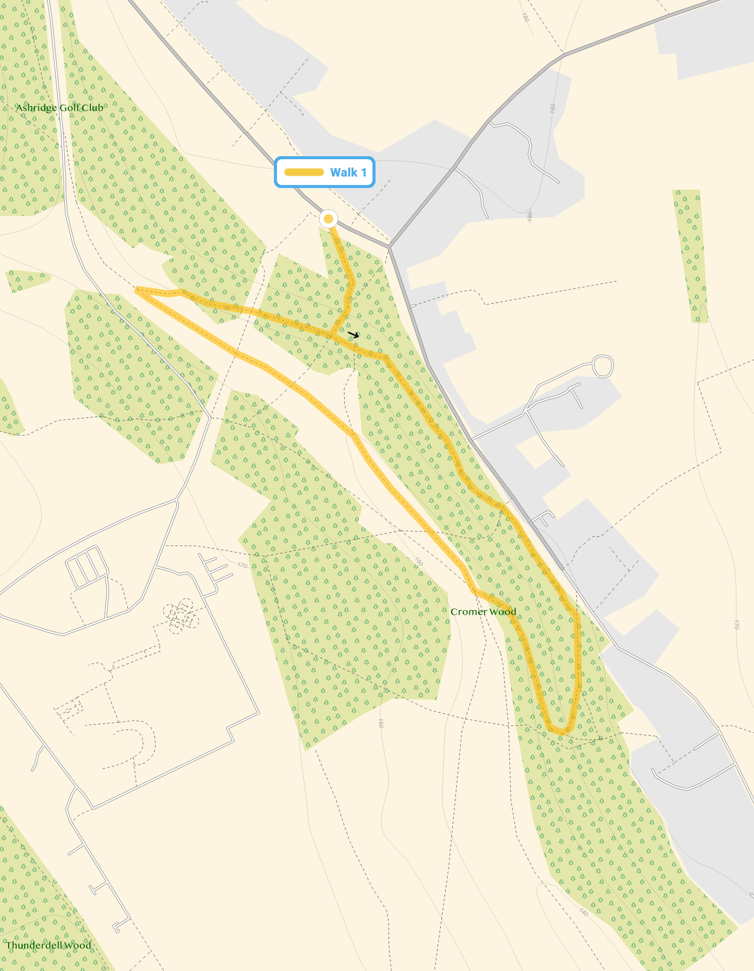 Route map for Little Gaddesden Walk 1, a 1.5 mile circular walk in Hertfordshire