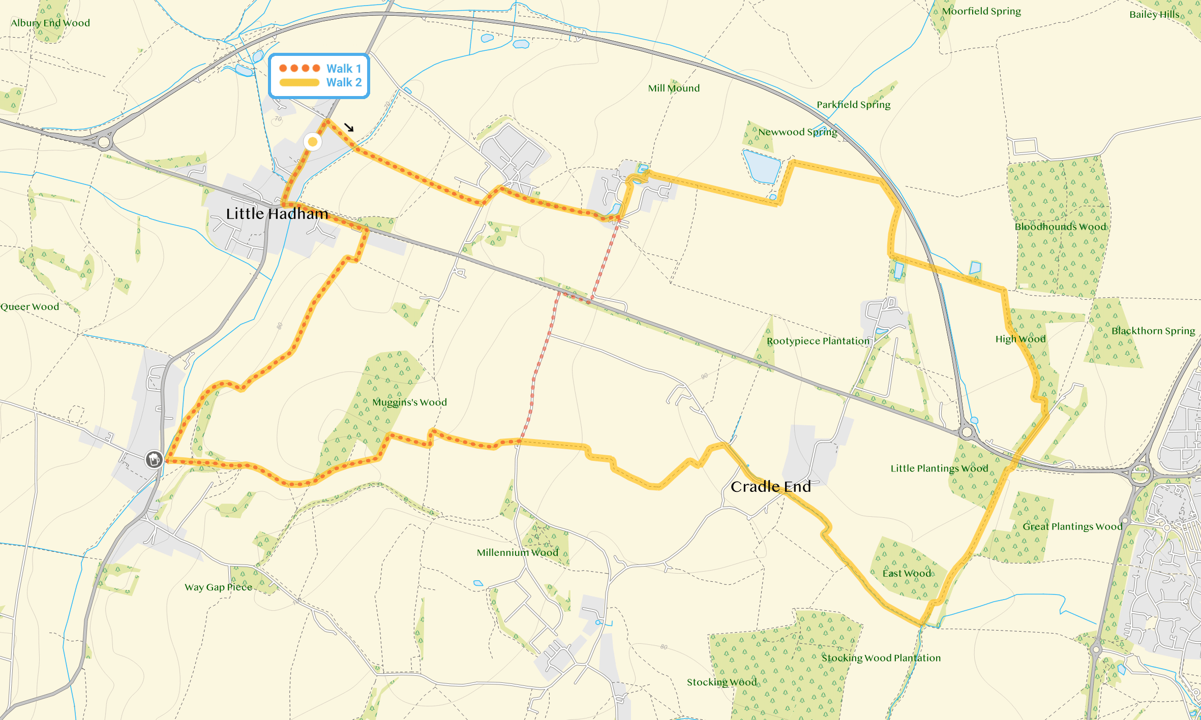 Route map for Little Hadham Walk 1, a 3.25 mile circular walk in Hertfordshire