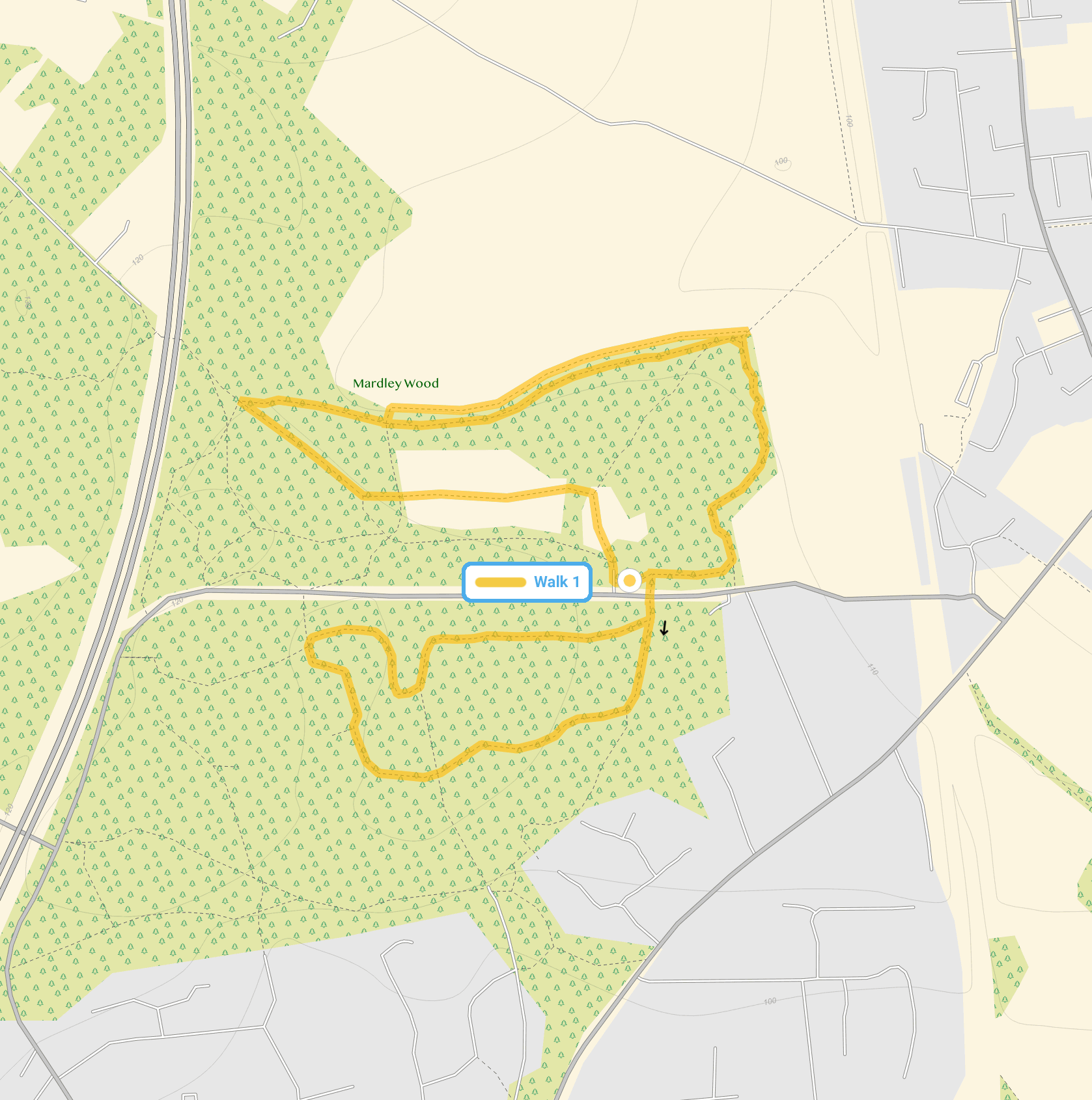 Route map for Mardley Heath Walk, a 1.75 mile circular walk in Hertfordshire
