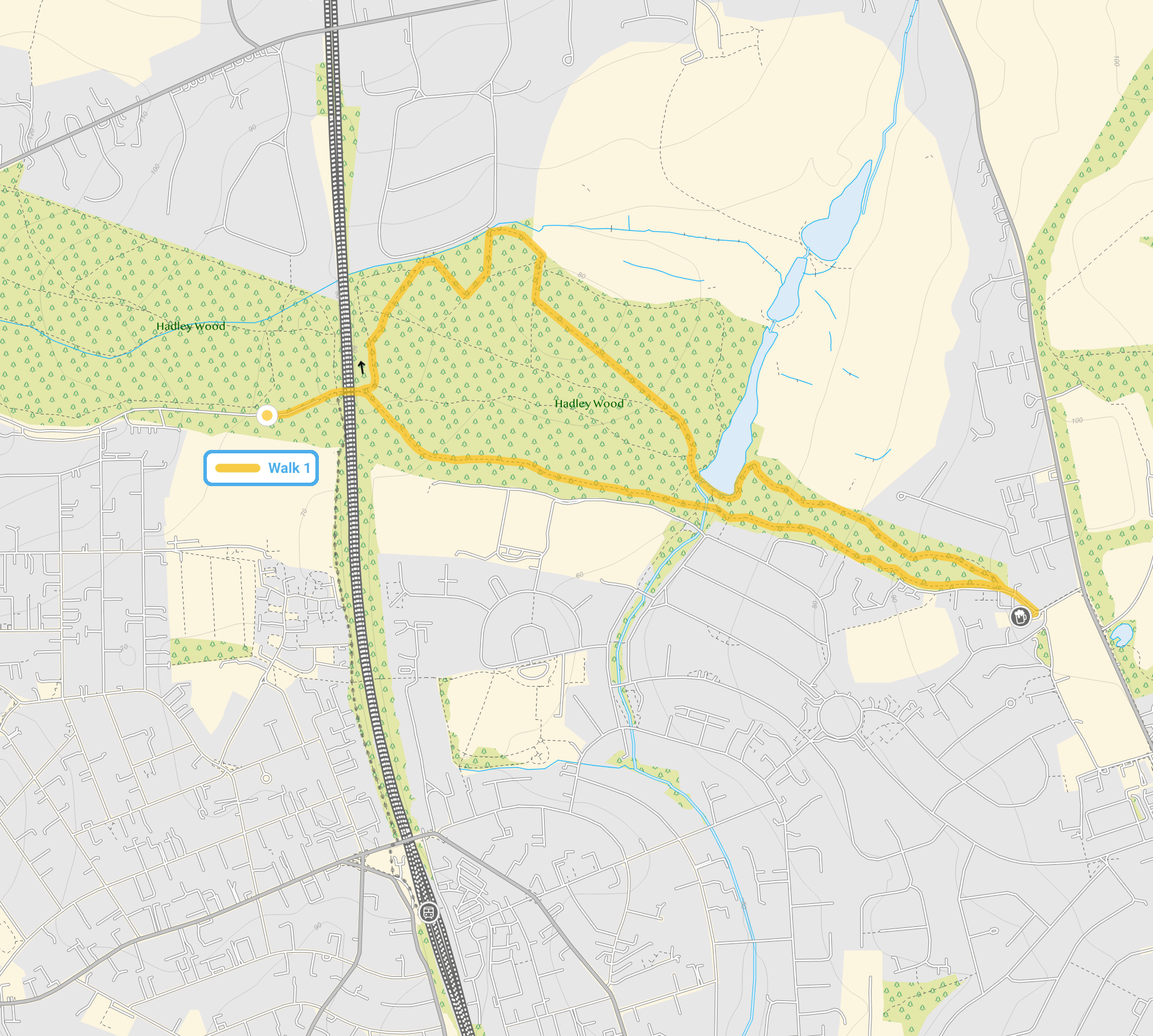 Route map for Monken Hadley Walk 1, a 2 mile circular walk in Hertfordshire
