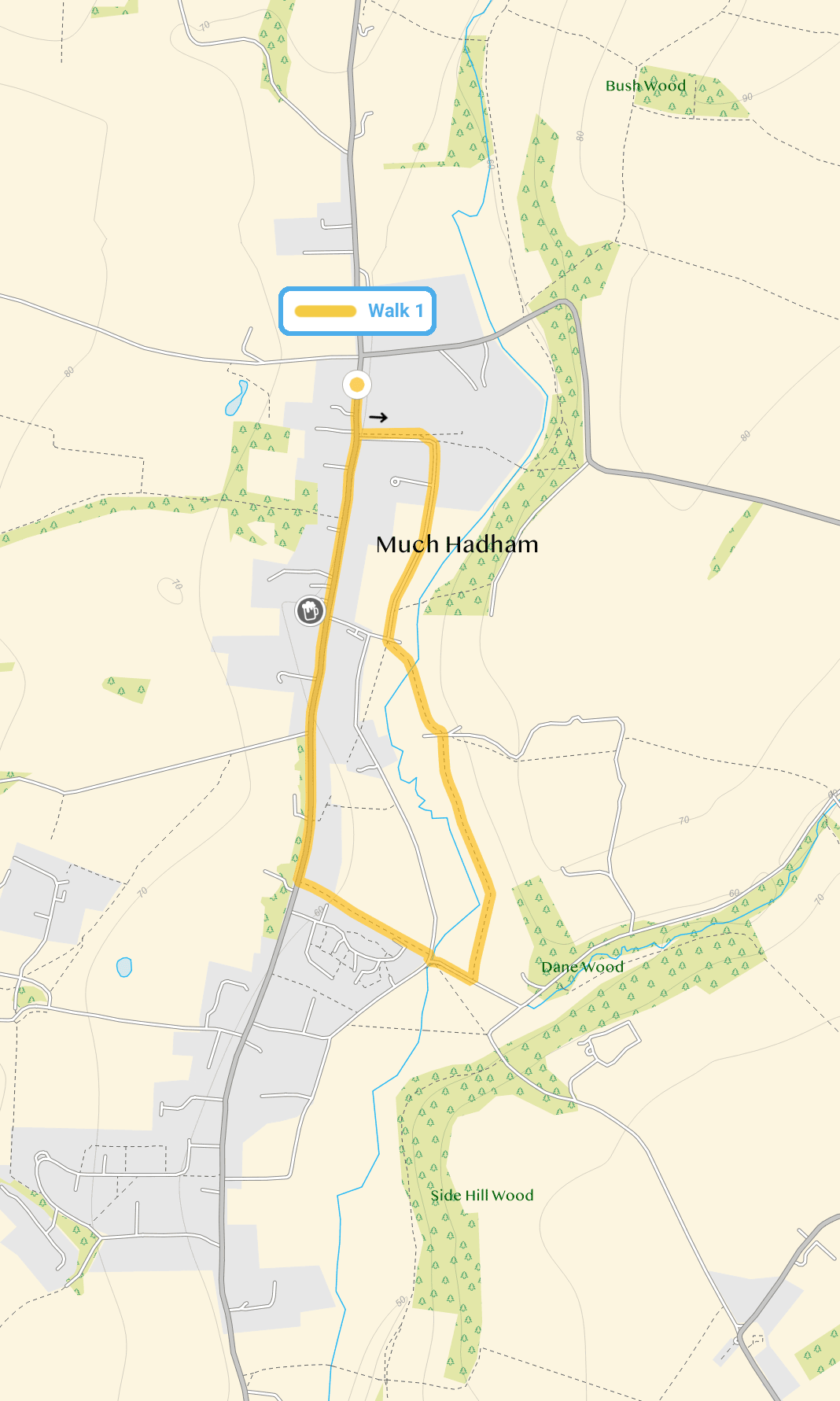 Route map for Much Hadham Walk 1, a 1.75 mile circular walk in Hertfordshire