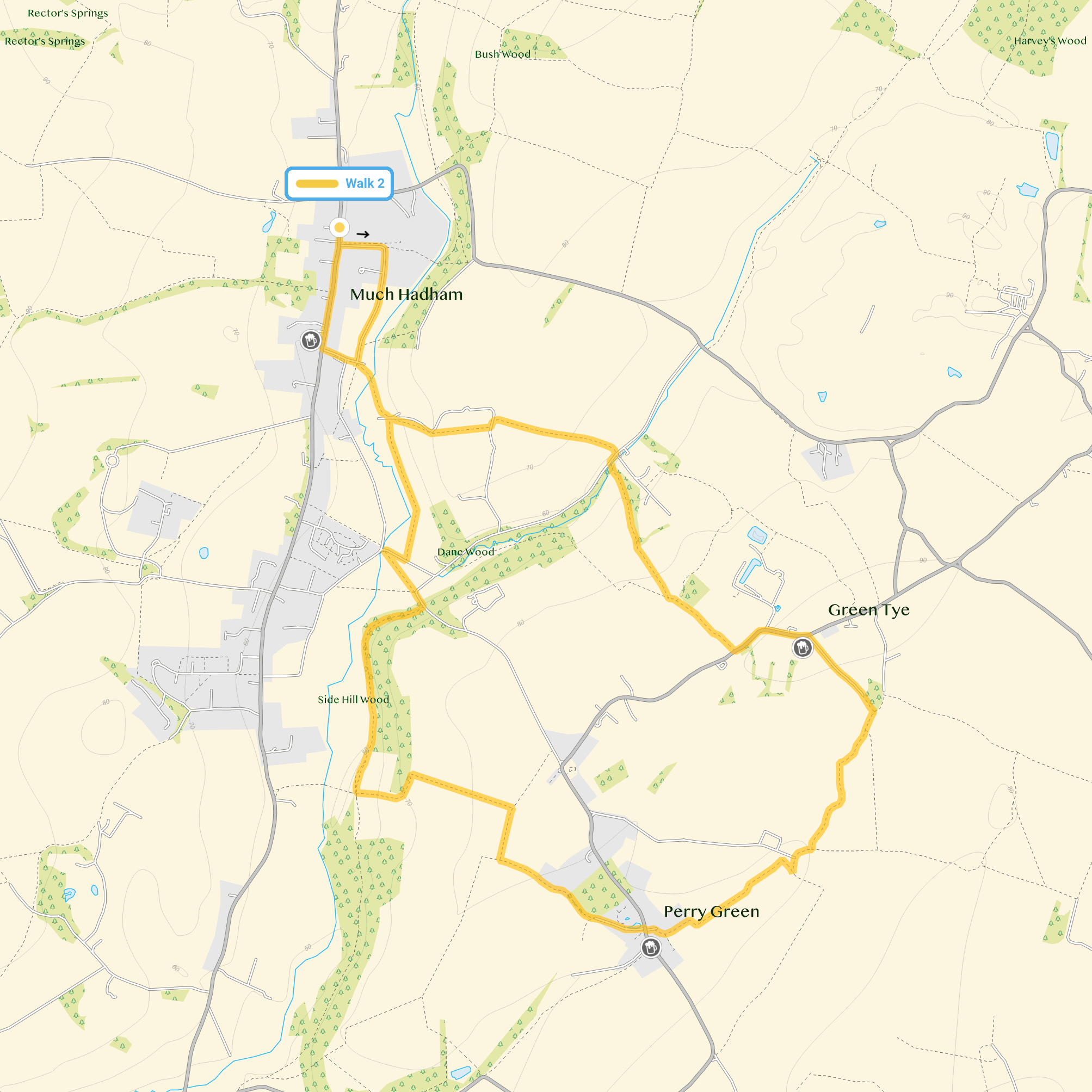 Route map for Much Hadham Walk 2, a 4.75 mile circular walk in Hertfordshire